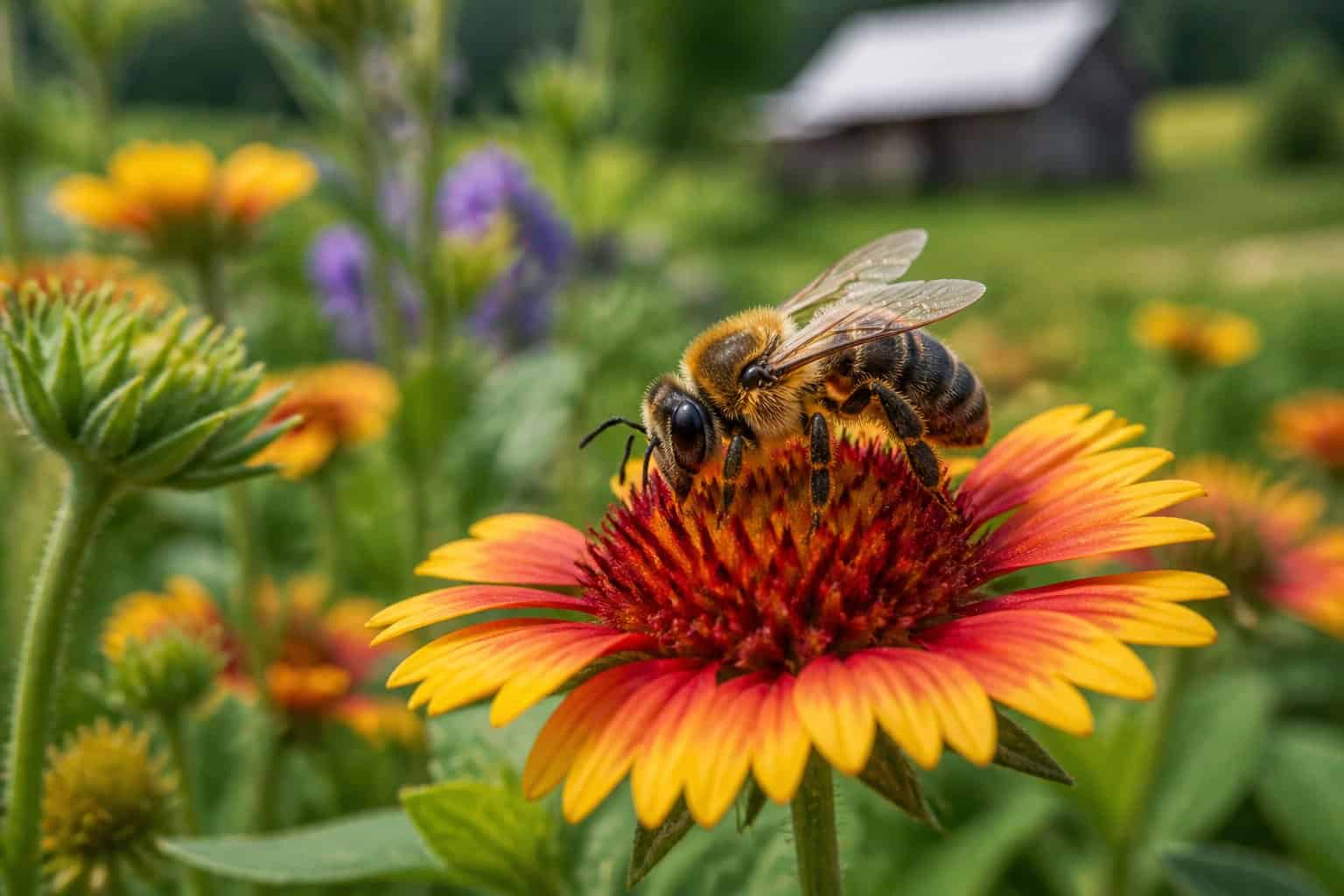 A solitary bee resting on a colorful flower in a green garden with blurred plants in the background.