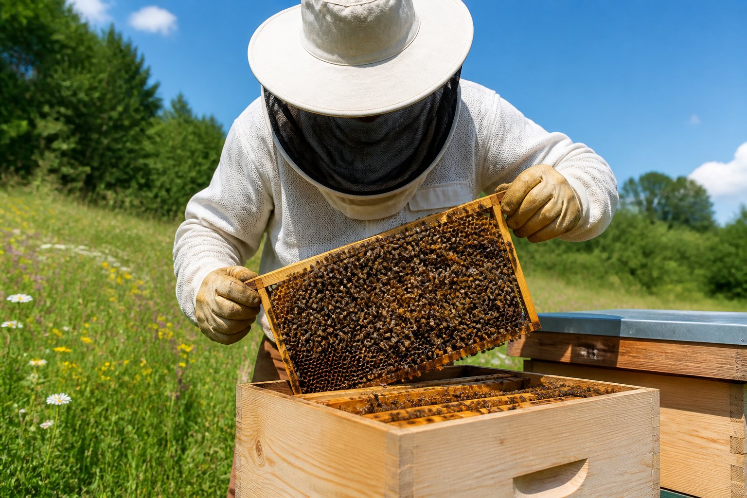 A beekeeper in protective clothing inspecting a wooden beehive frame covered with honeybees outdoors surrounded by flowers and greenery.