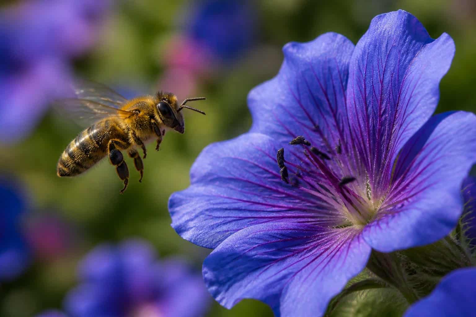 A honeybee hovering near a colorful flower in a garden with green foliage in the background.