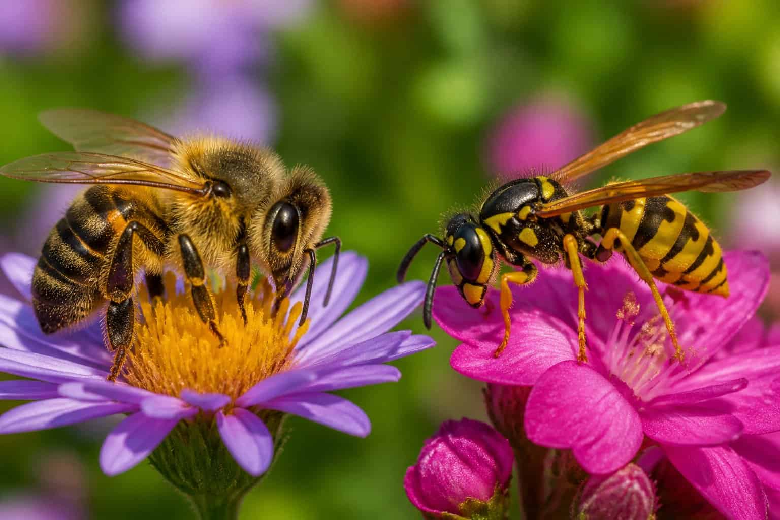 Close-up of a bee and a wasp sitting on flowers in a garden.