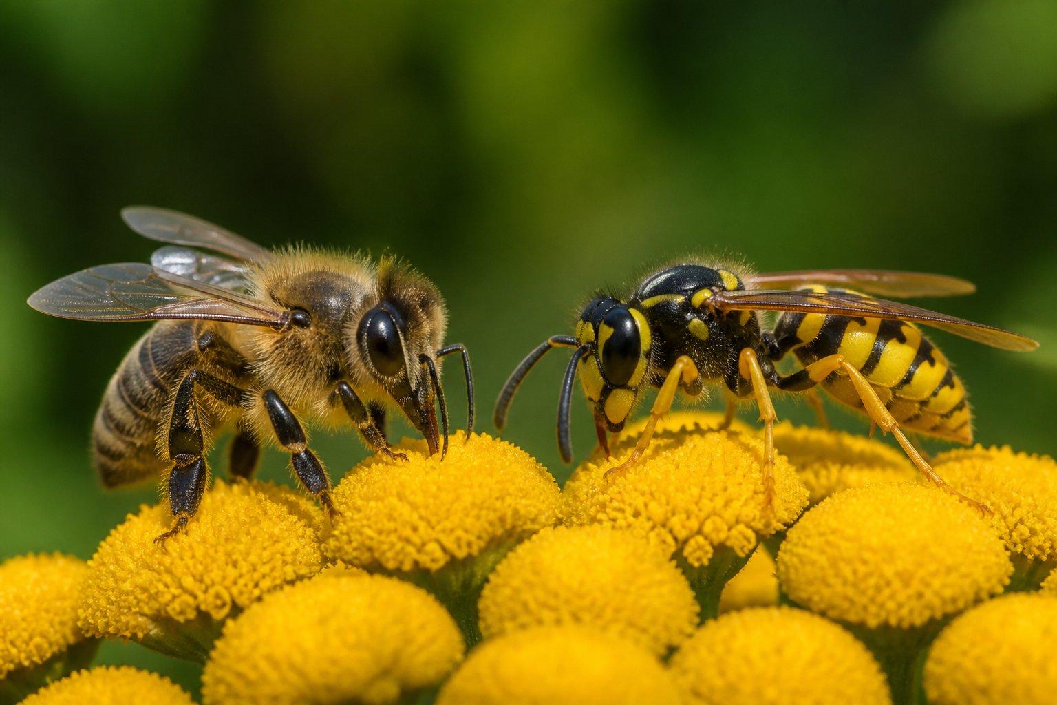 A close-up of a bee and a wasp on yellow flowers in a natural setting.