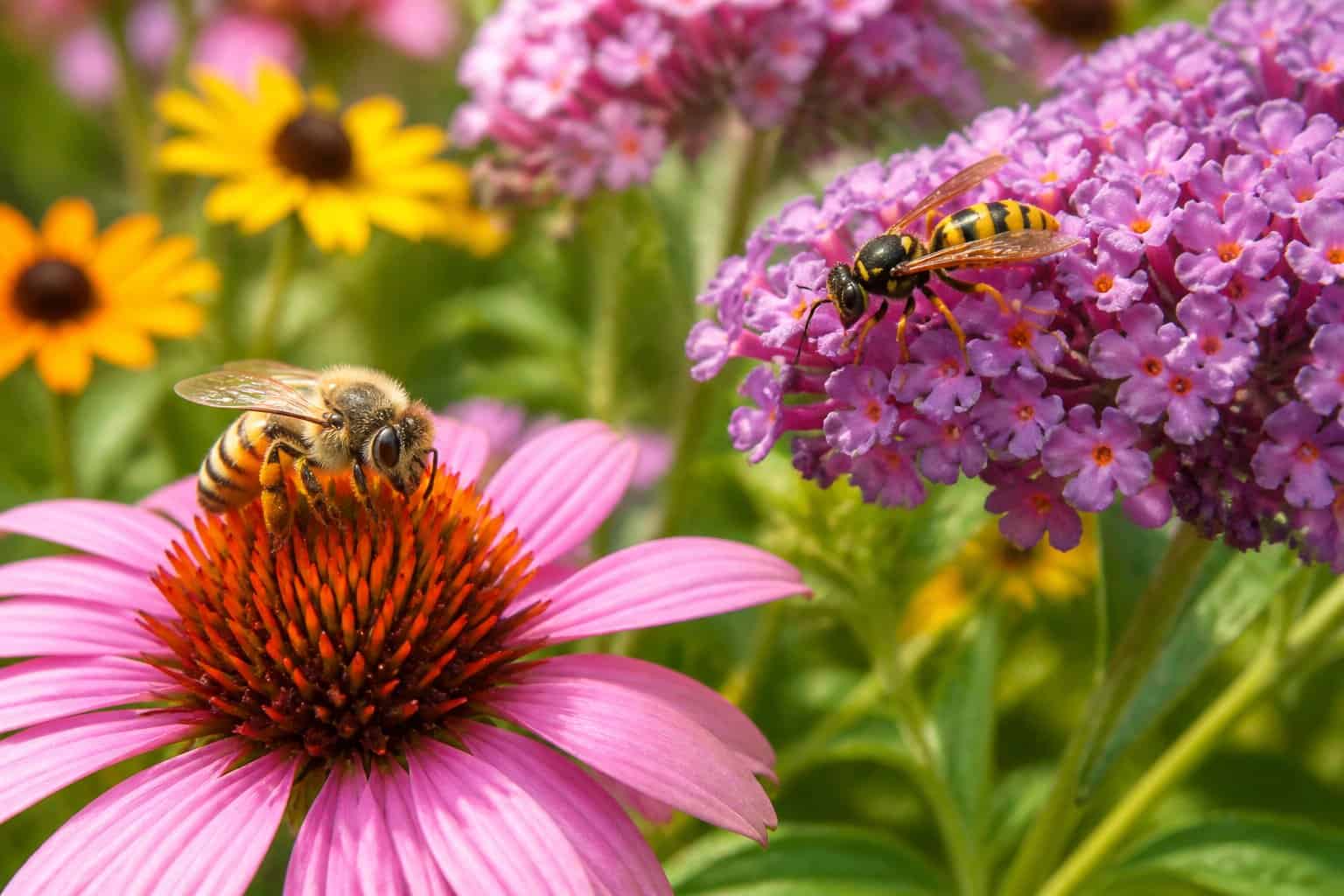 Close-up of a bee and a wasp on colorful flowers in a garden.