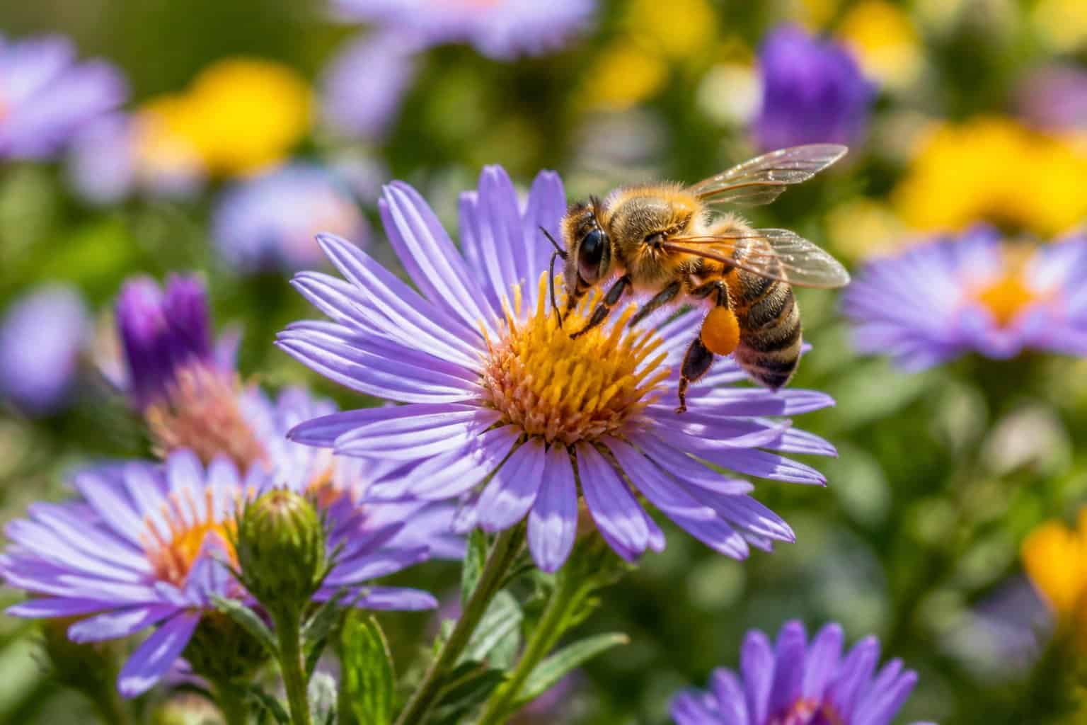 Close-up of a honeybee collecting nectar from a colorful flower in a garden.