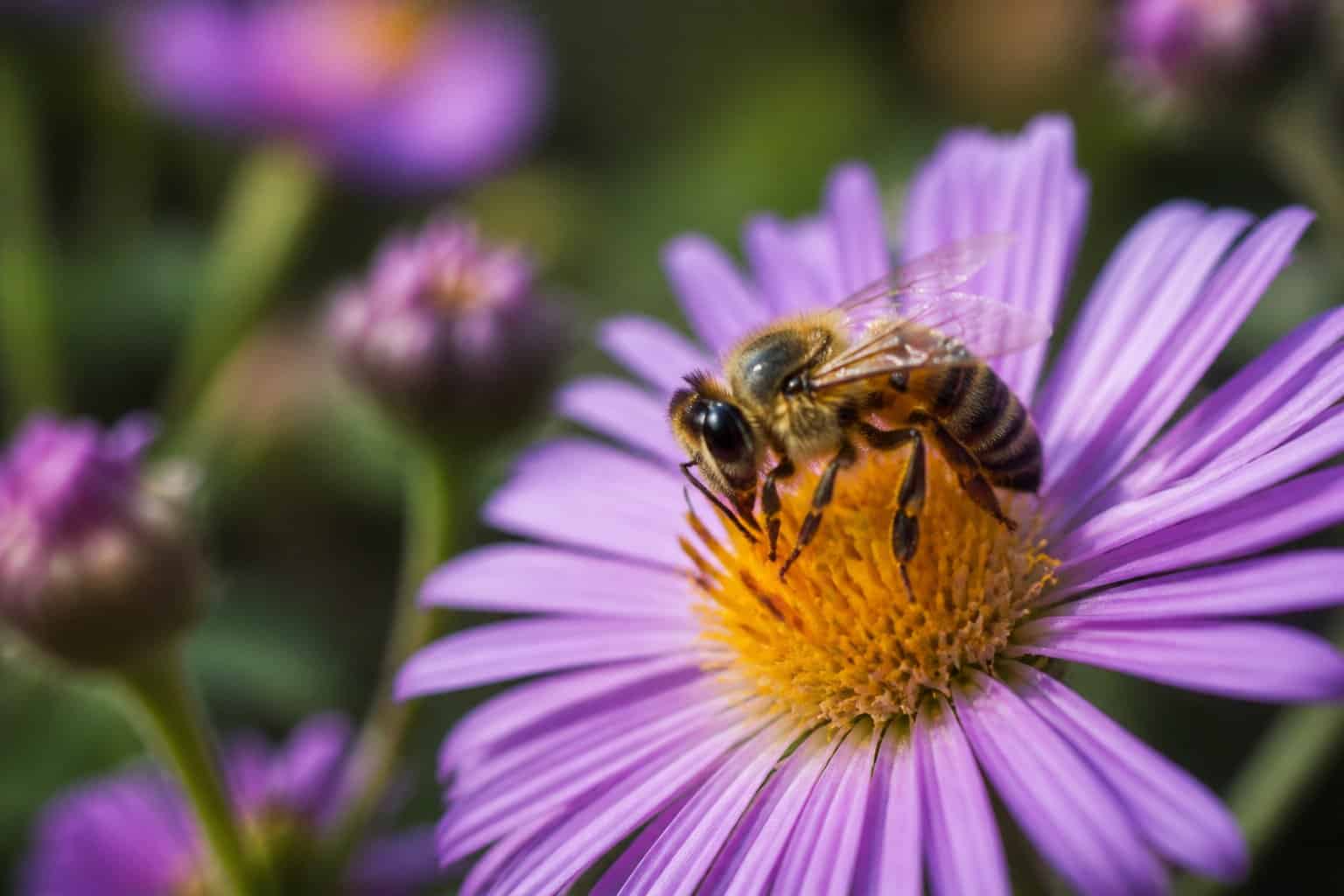 A close-up of a bee collecting nectar from a colorful flower in a natural outdoor setting.