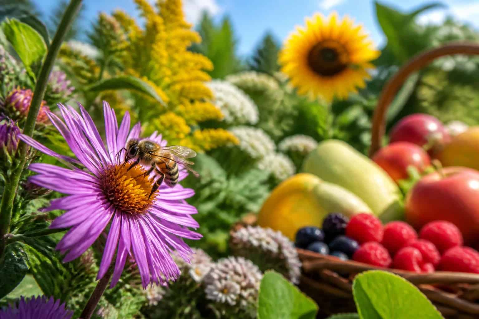 A close-up of a honeybee pollinating a flower in a garden with fruits and vegetables visible in the background.