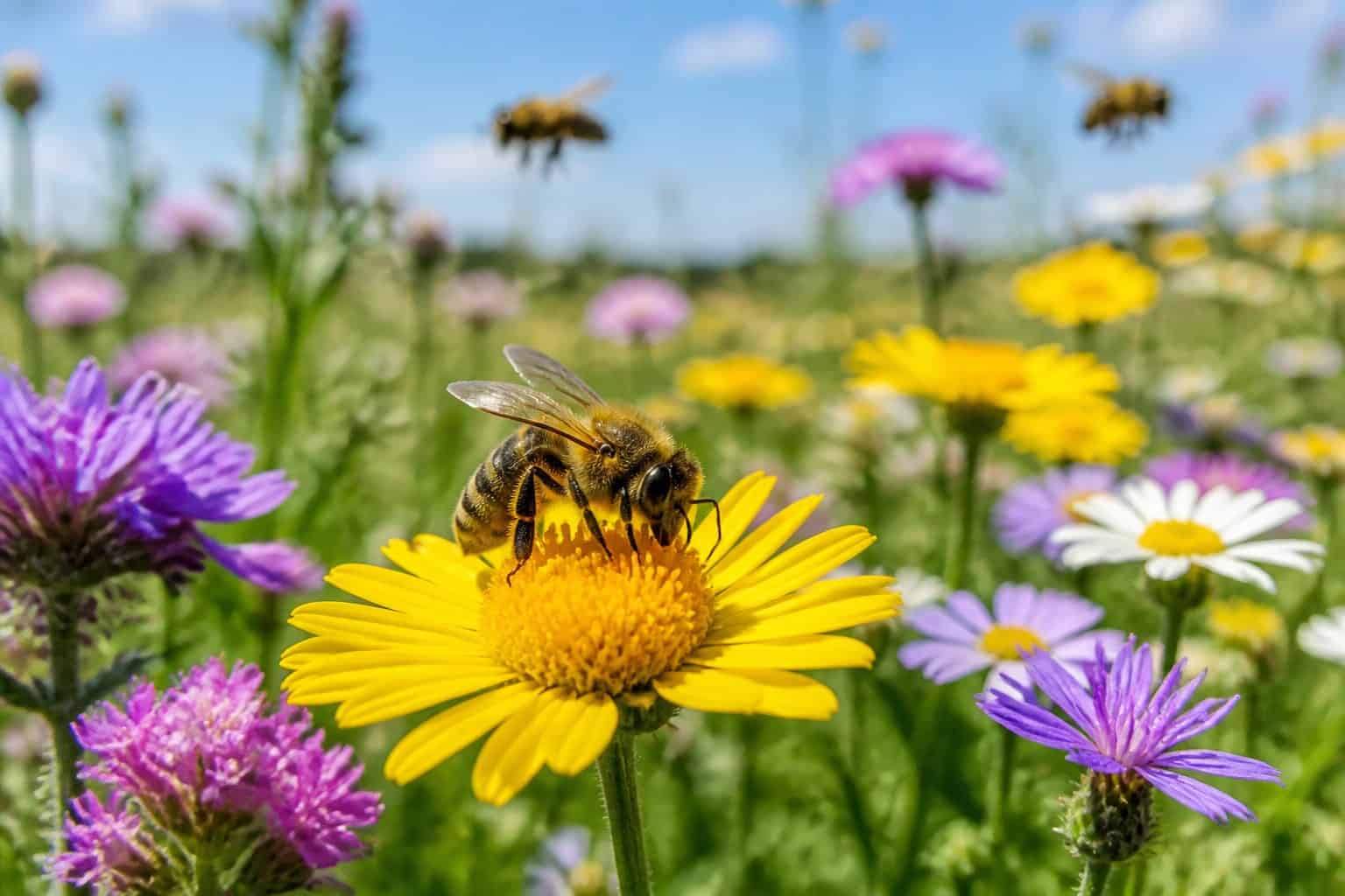 A close-up of a bee on a yellow flower in a green meadow with other flowers and bees in the background.