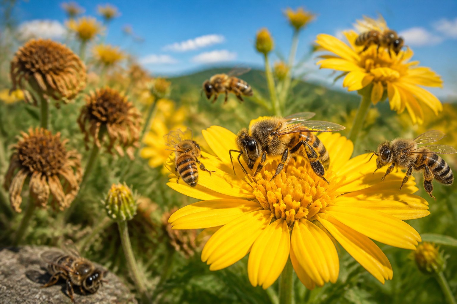Close-up of a honeybee on a yellow flower in a sunlit meadow with some wilted flowers and a dead bee in the background.