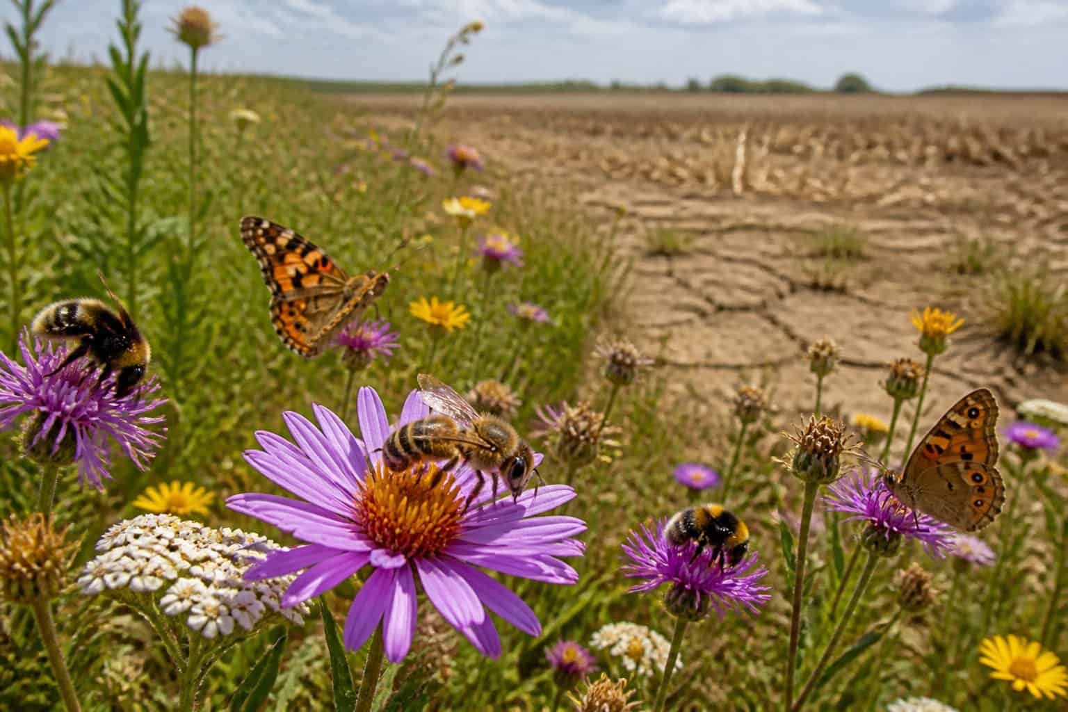 Close-up of a honeybee and other pollinators on wildflowers in a meadow showing signs of environmental stress.