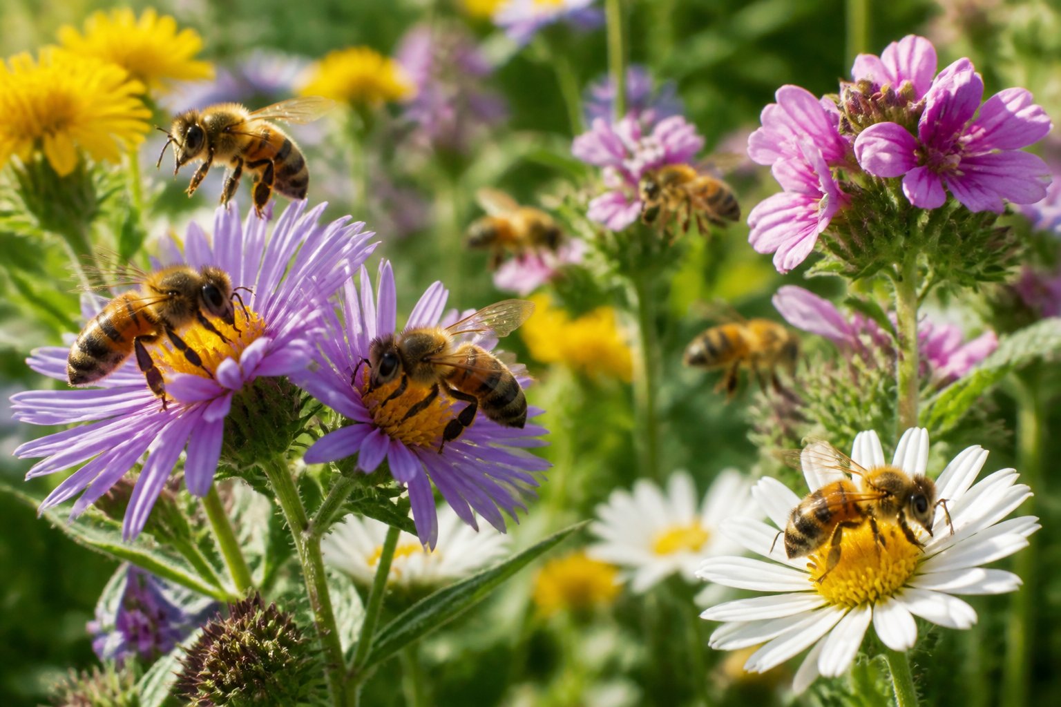 Close-up of bees collecting nectar and pollen from colorful flowers in a green natural setting.