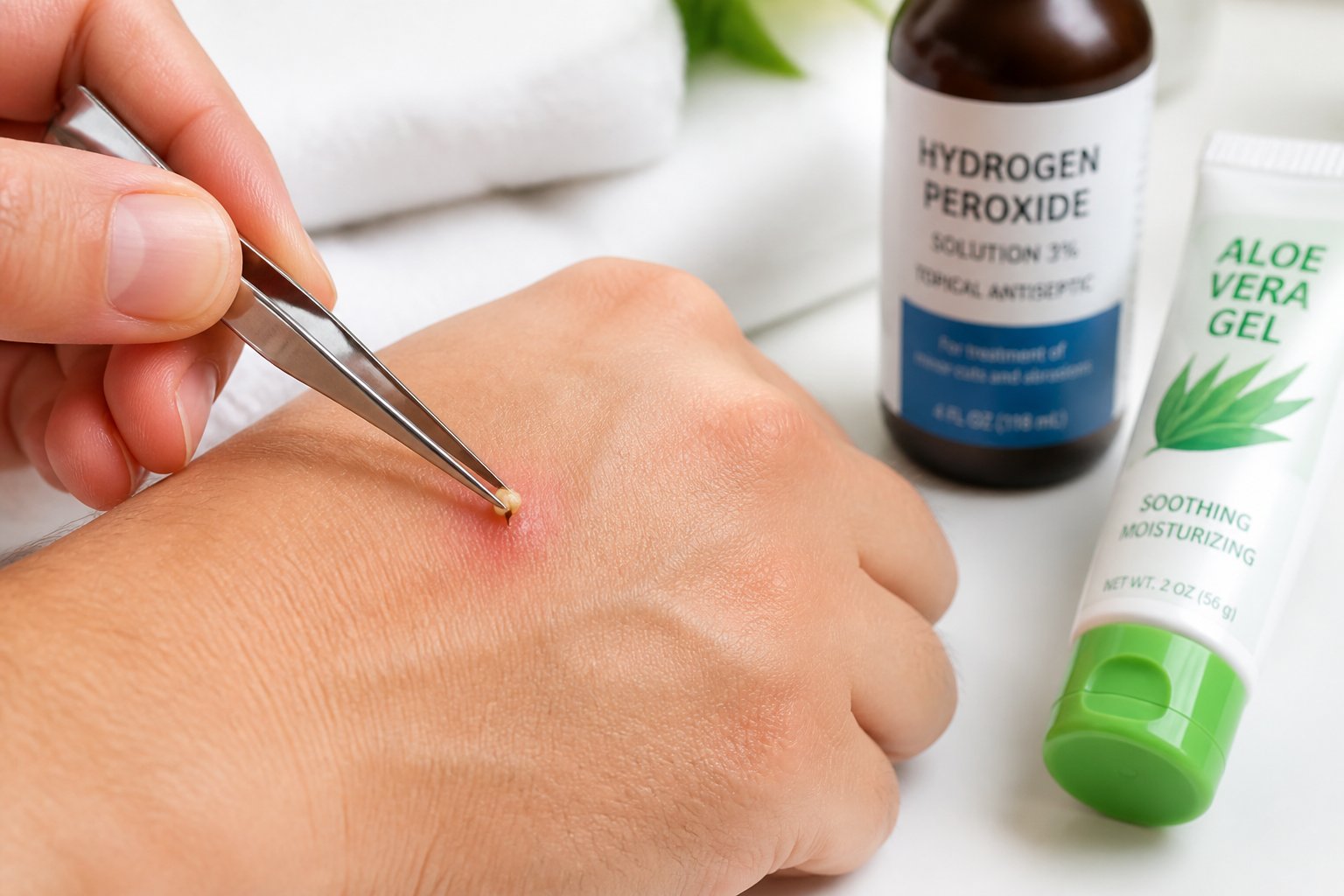 A close-up of a hand having a bee stinger removed with tweezers, with antiseptic and soothing cream nearby.