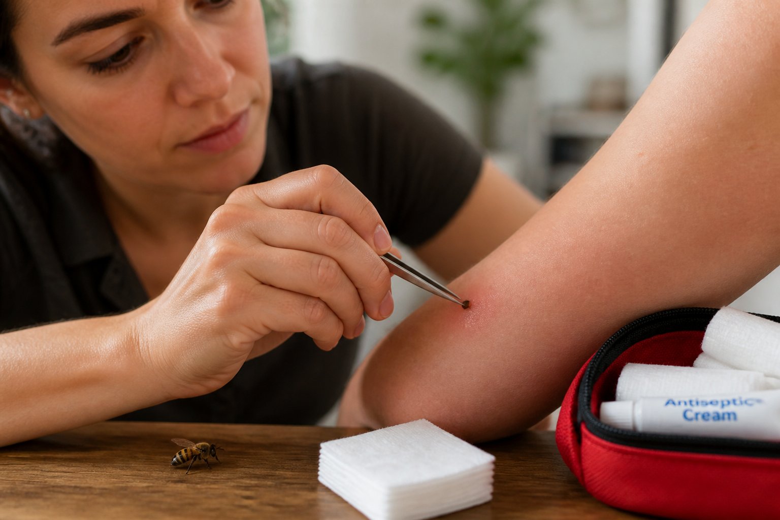 A person carefully removing a bee stinger from their skin using tweezers with a first aid kit nearby.