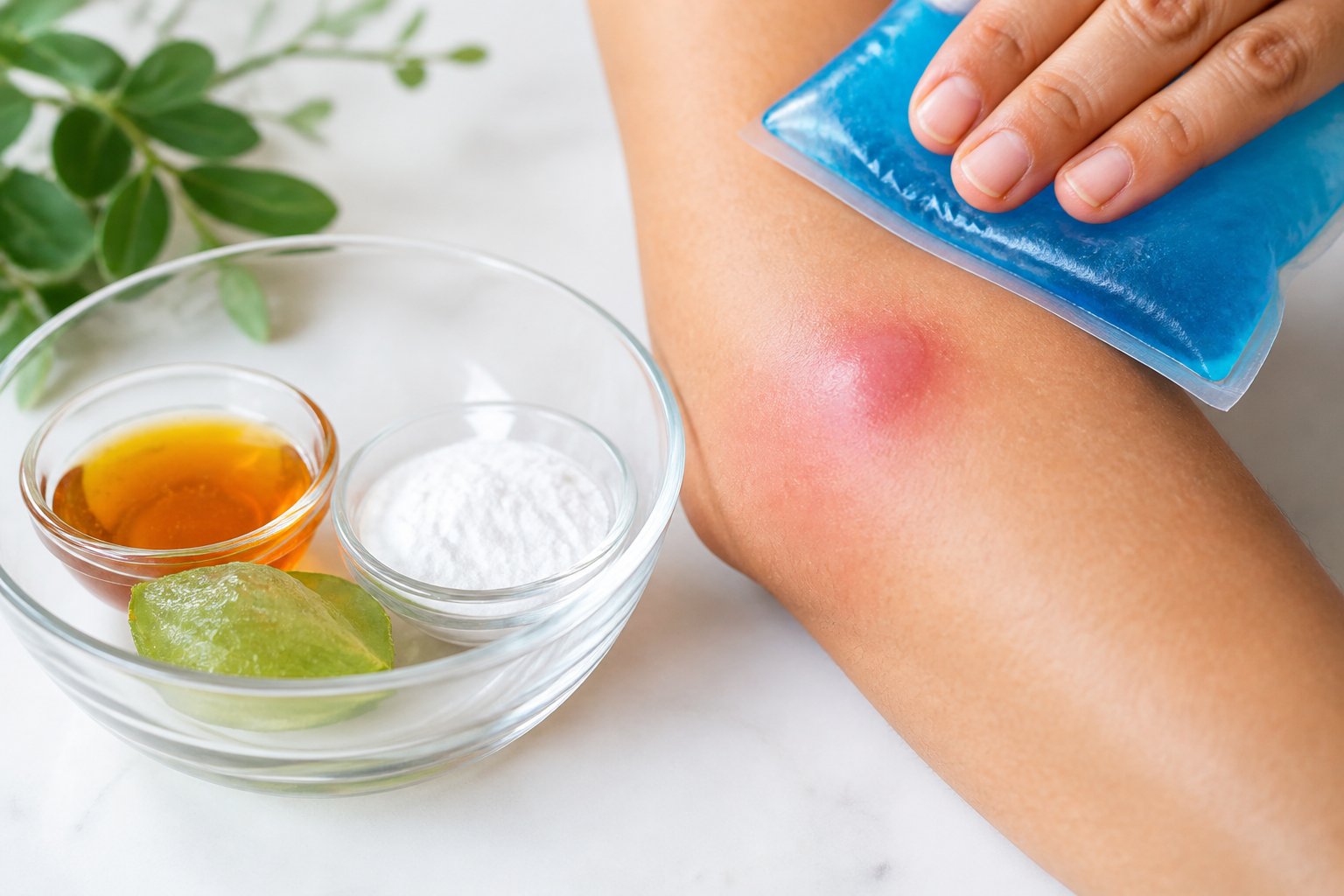 A person applying a cold compress to a swollen bee sting on their forearm with natural remedies nearby.