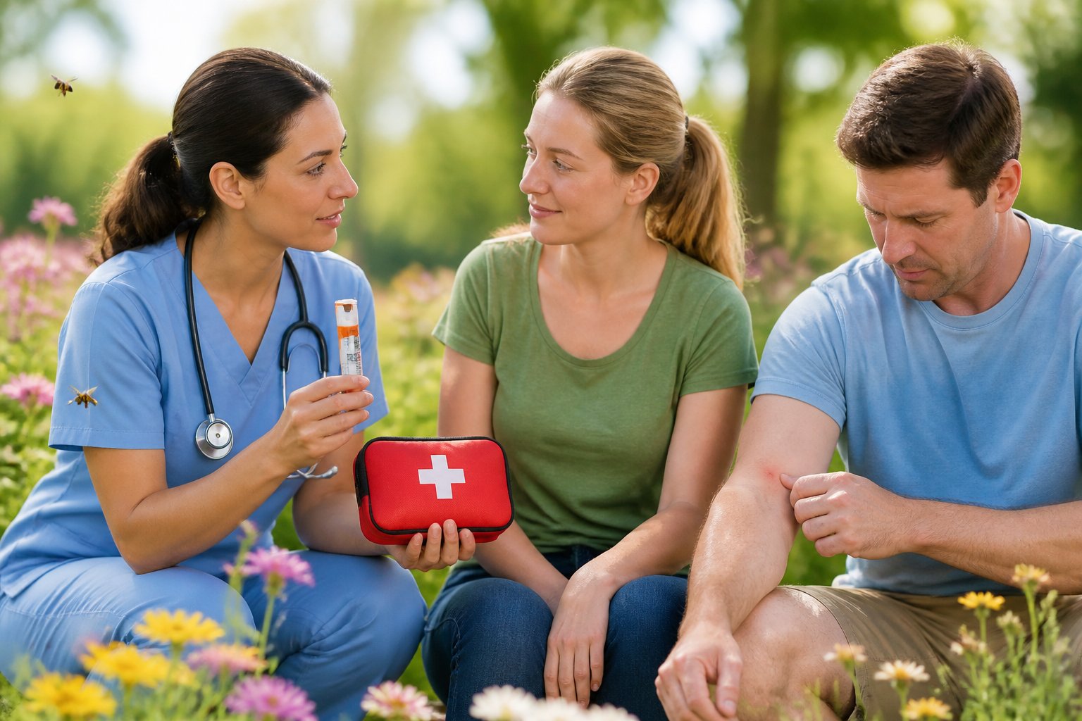 A healthcare professional advising a person outdoors with a first aid kit near flowers and bees.