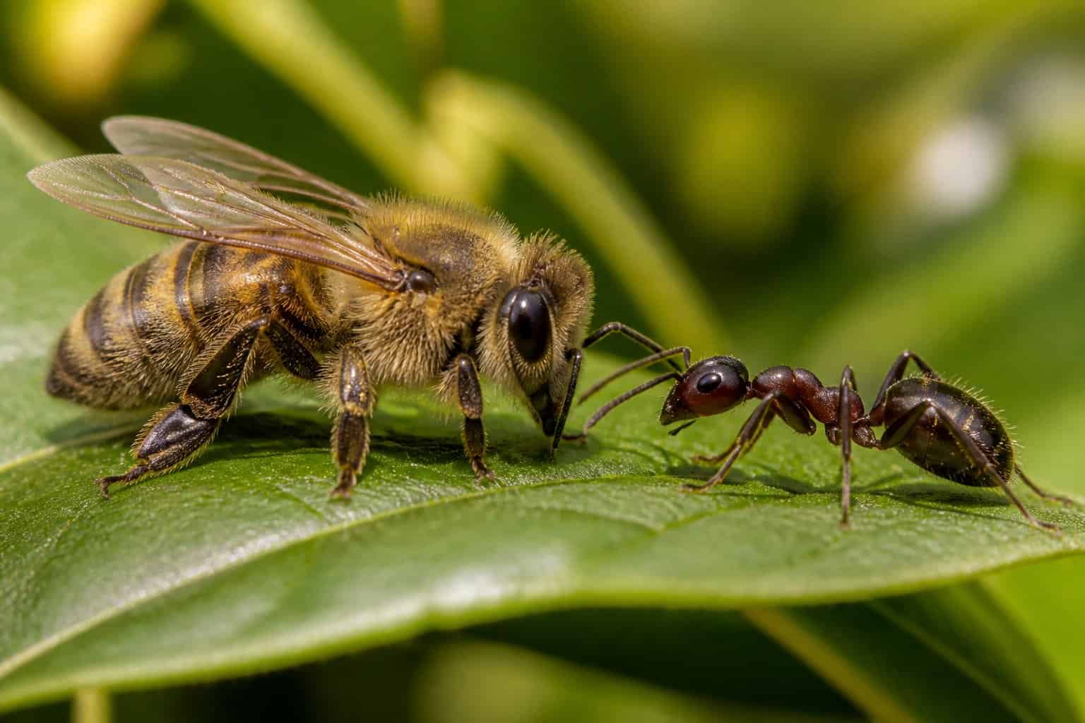 Close-up of a bee and an ant on a green leaf with a blurred natural background.