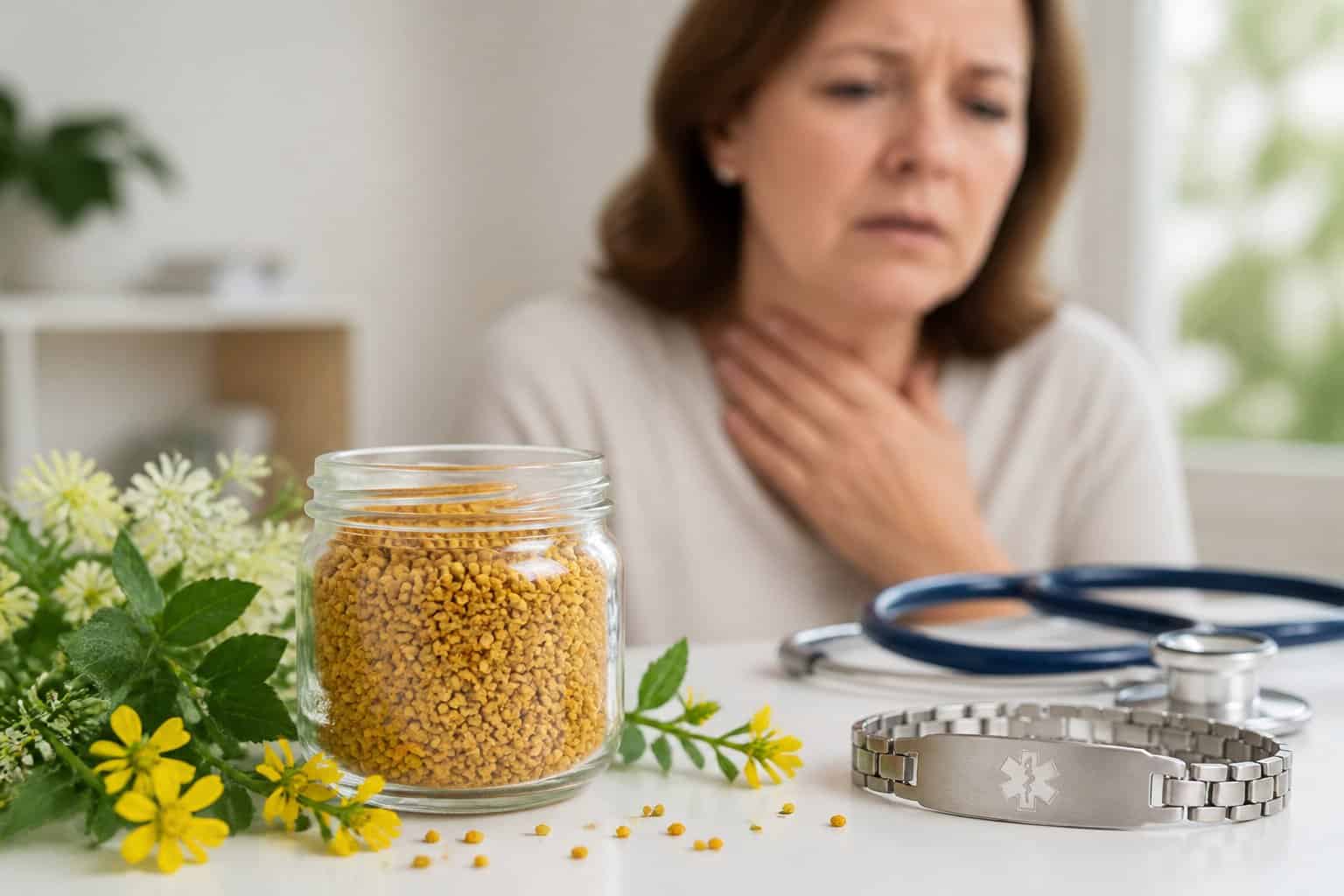 Close-up of a jar of bee pollen on a table with flowers, a worried woman touching her throat in the background, and a medical alert bracelet nearby.