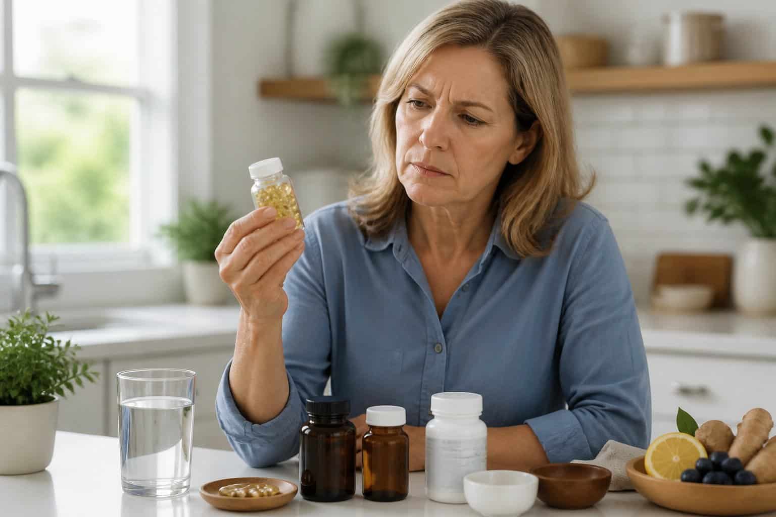 A middle-aged woman in a kitchen looking thoughtfully at a jar of bee pollen capsules.