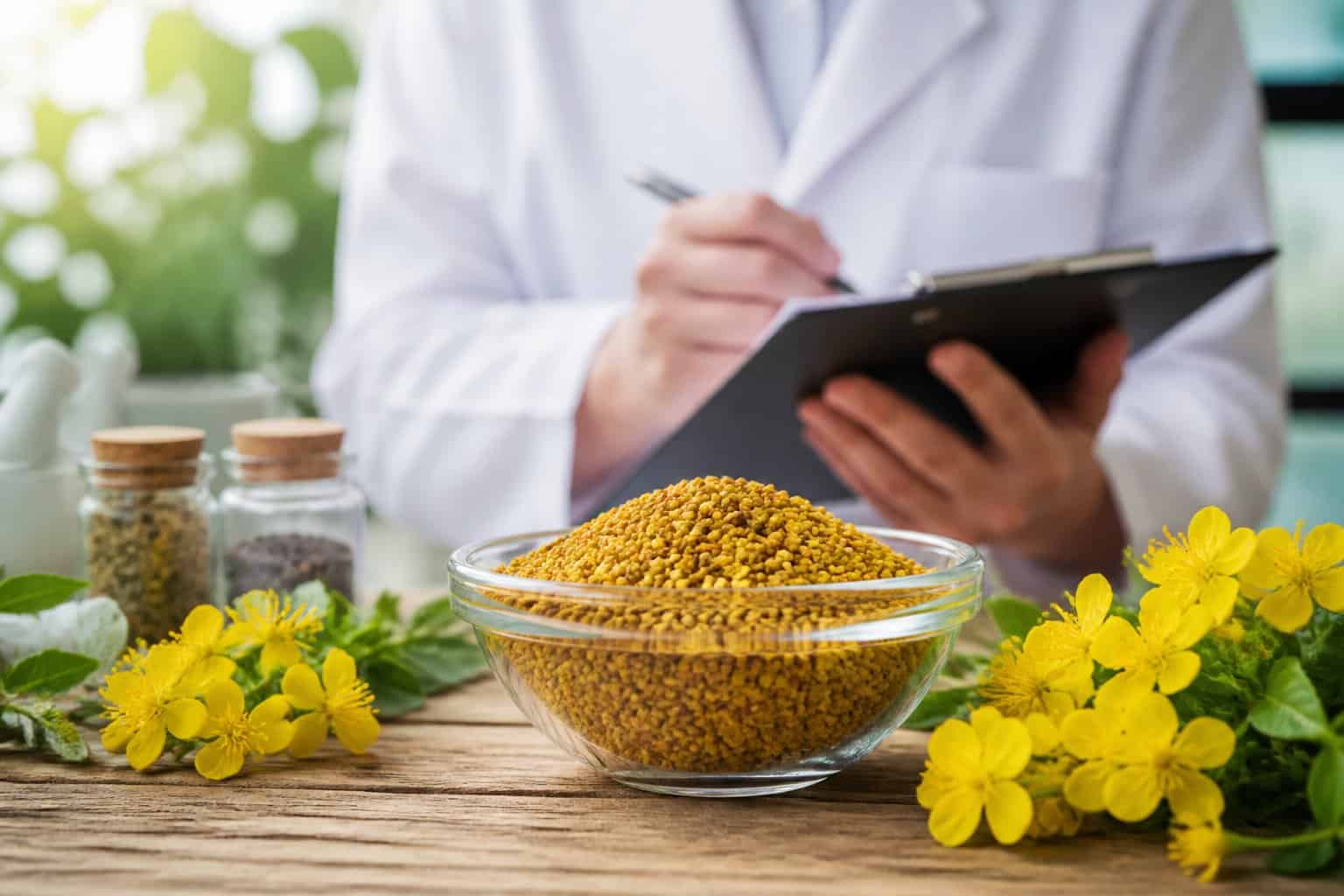 A bowl of bee pollen granules on a wooden table with yellow flowers and a person in a lab coat holding a clipboard in the background.