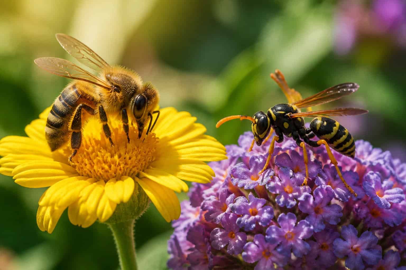 A close-up of a bee and a wasp on colorful flowers in a garden.