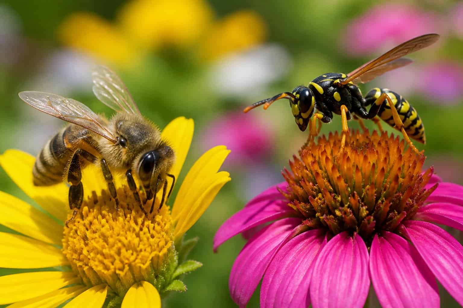 A close-up of a bee collecting nectar from a yellow flower and a wasp nearby on another flower in a garden.