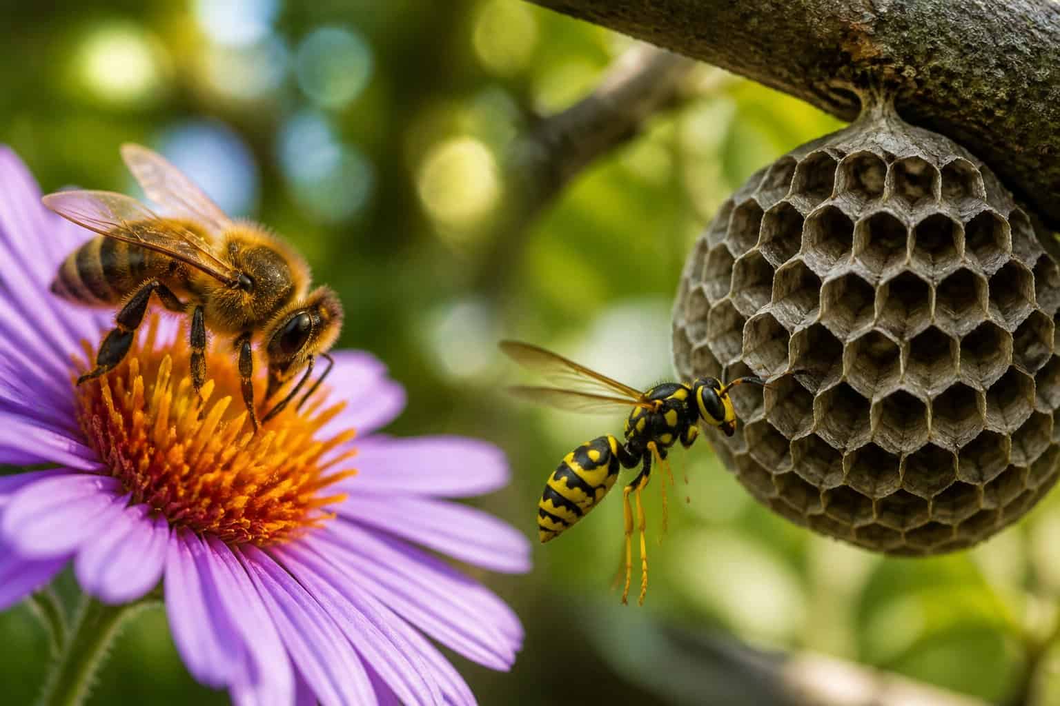 A honeybee collecting nectar on a flower next to a wasp near its nest on a tree branch.