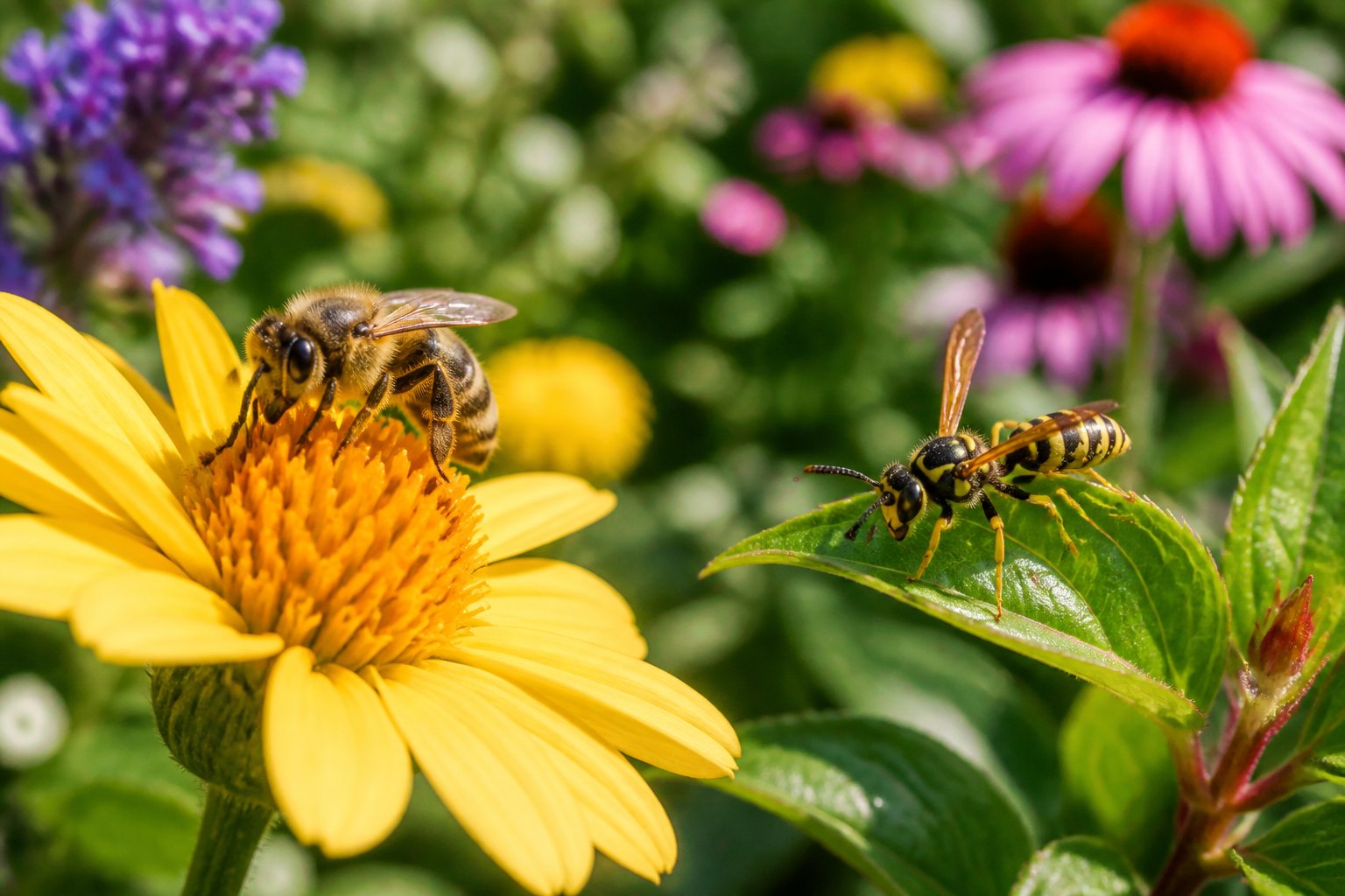 A close-up of a honeybee on a yellow flower and a wasp nearby in a garden with flowers and green plants.