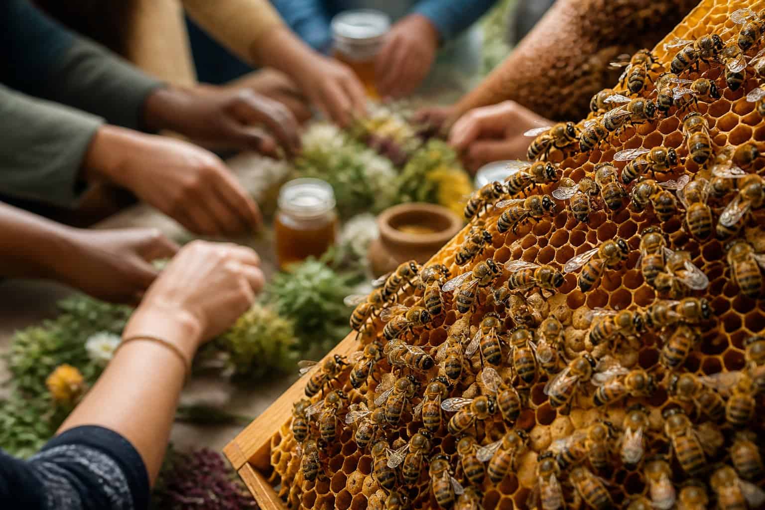 Close-up of bees working together on a honeycomb with human hands collaborating in the background.