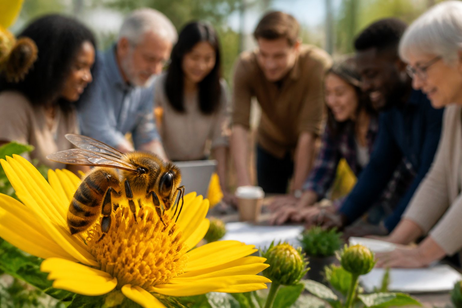 A close-up of a honeybee on a yellow flower with a group of people working together in the background.