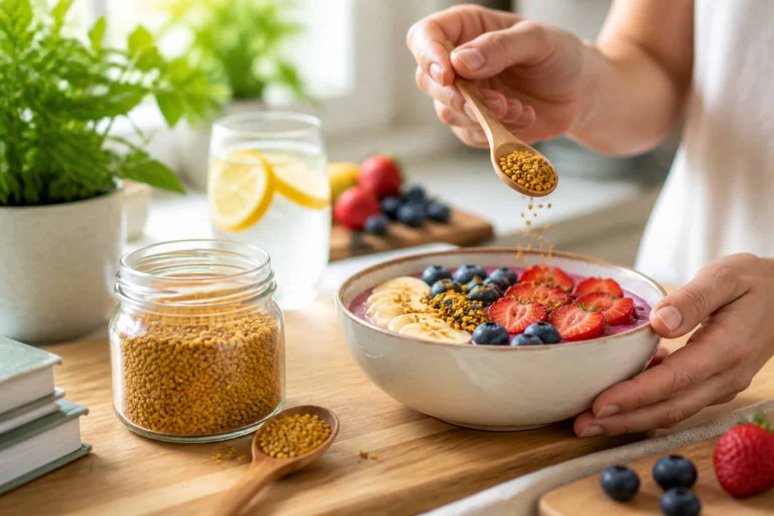 Hands adding bee pollen to a colorful fruit smoothie bowl on a kitchen counter with natural light.