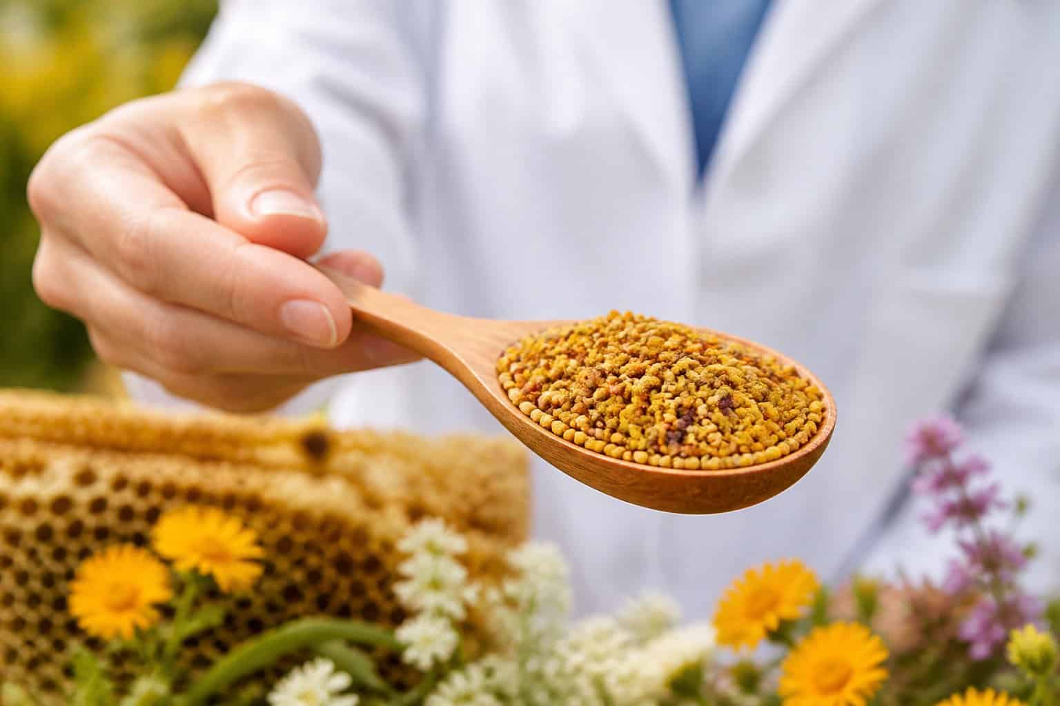 Close-up of a hand holding a wooden spoon filled with colorful bee pollen granules, with flowers and a honeycomb pattern blurred in the background.