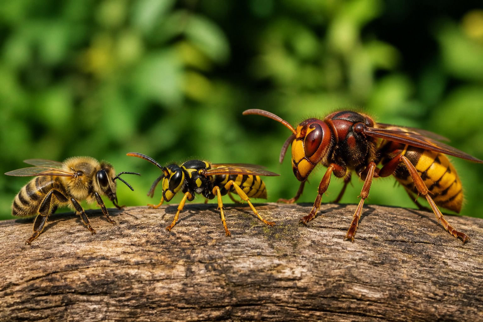 Close-up of a bee, a wasp, and a hornet side by side on a green background.