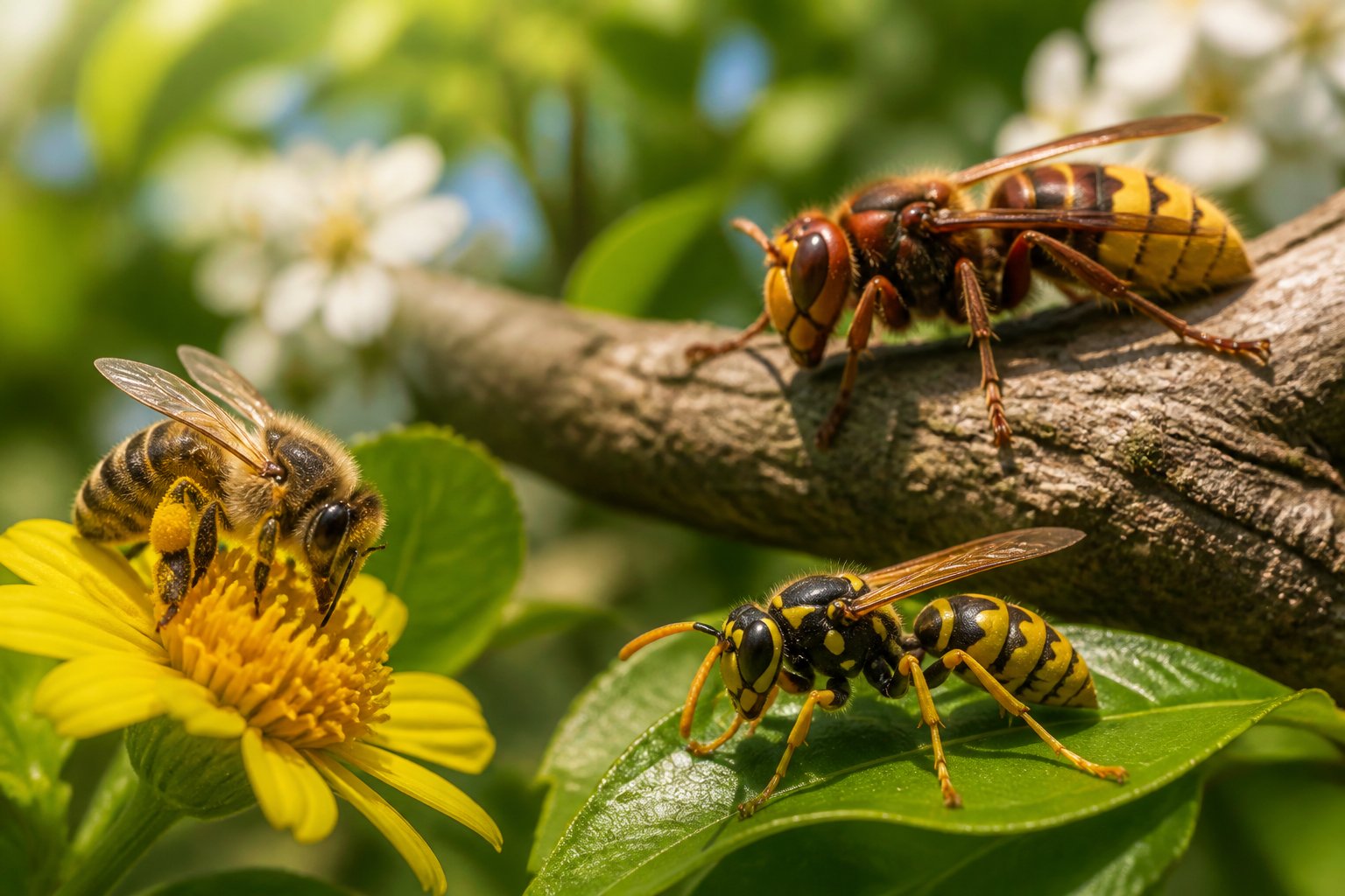 A close-up view of a bee, a wasp, and a hornet on flowers and leaves in a natural outdoor setting.