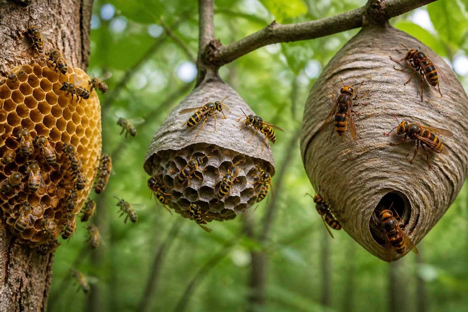 Close-up of a honeybee hive, a paper wasp nest, and a hornet nest hanging from tree branches with bees, wasps, and hornets visible.