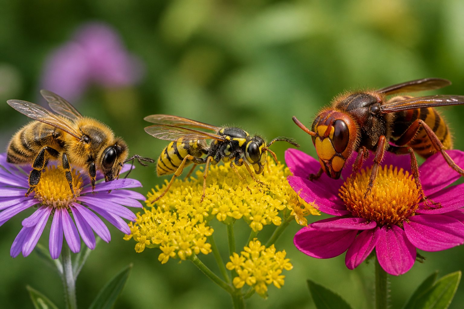 Close-up of a bee, a wasp, and a hornet on flowers in a garden setting.