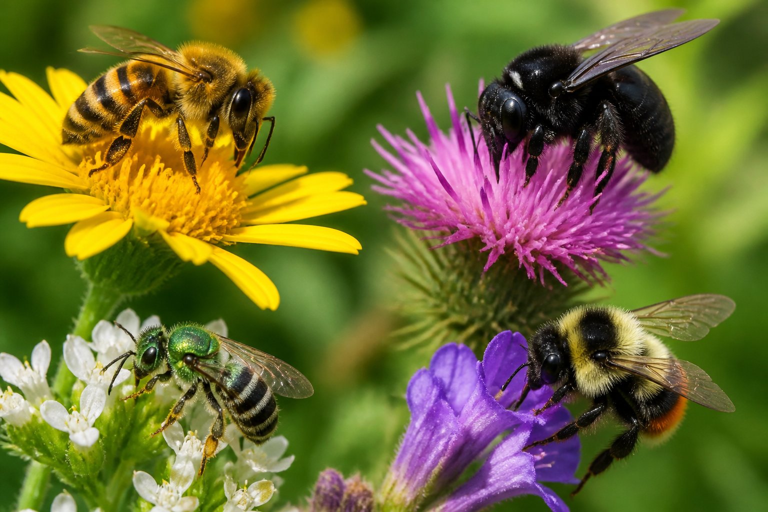 Close-up of a honey bee and other bees on flowers in a natural outdoor setting.