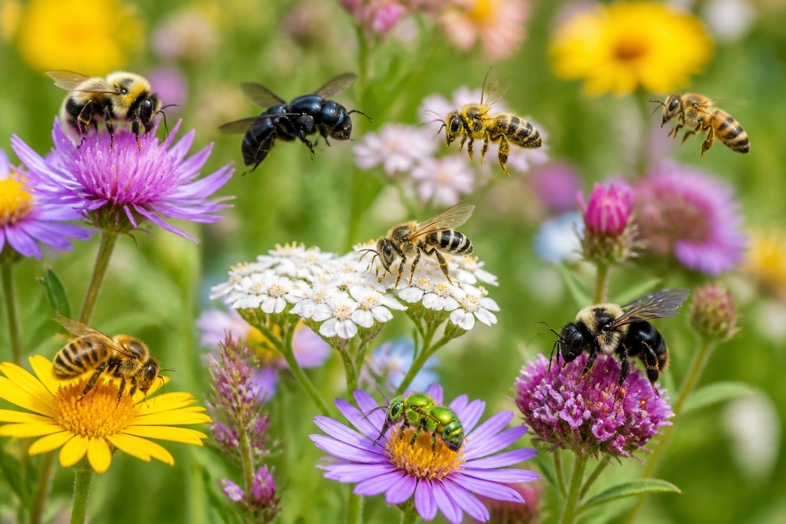 Close-up of wild bees and honey bees pollinating colorful wildflowers in a green meadow.