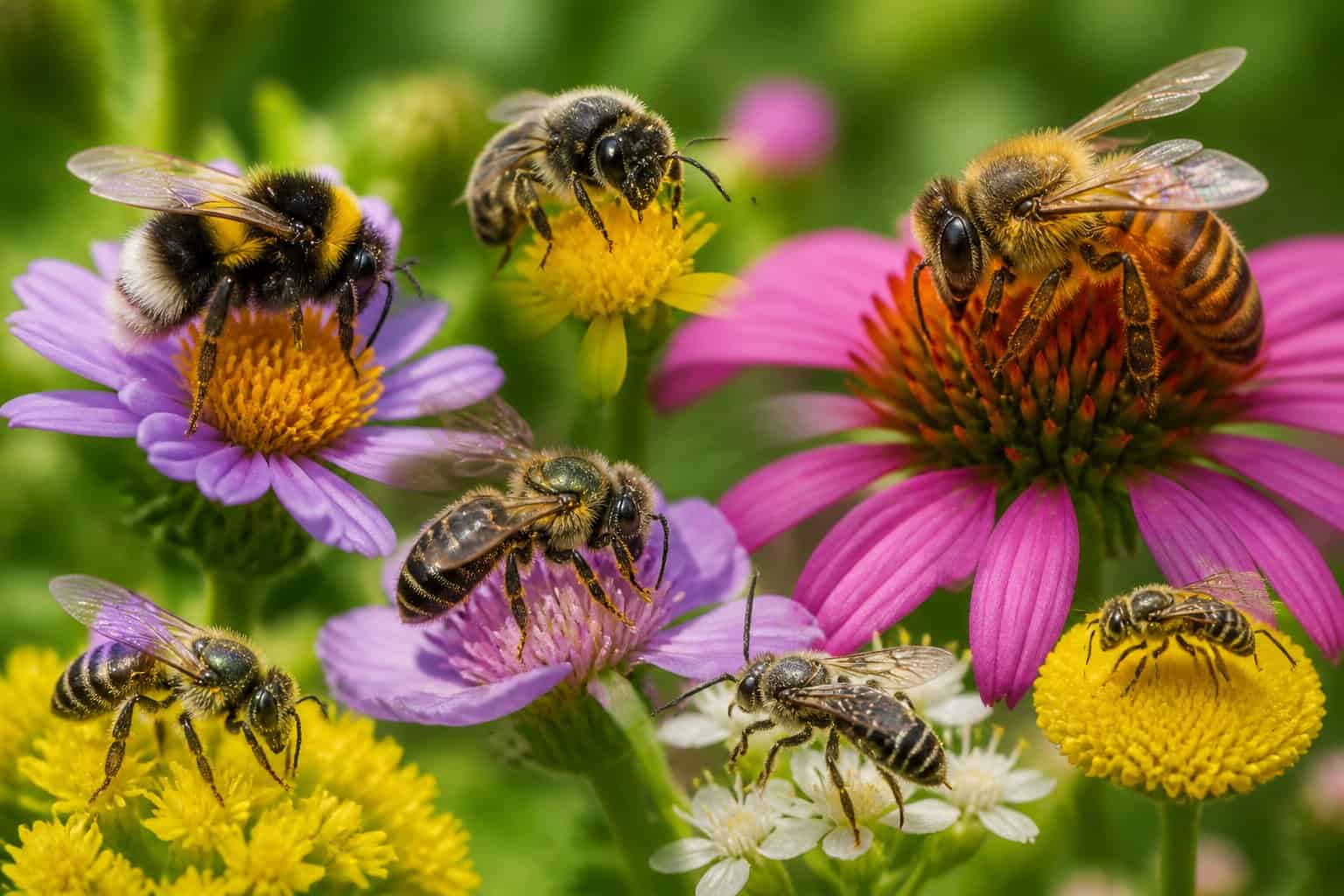 Close-up of different types of bees on colorful flowers in a natural outdoor environment.