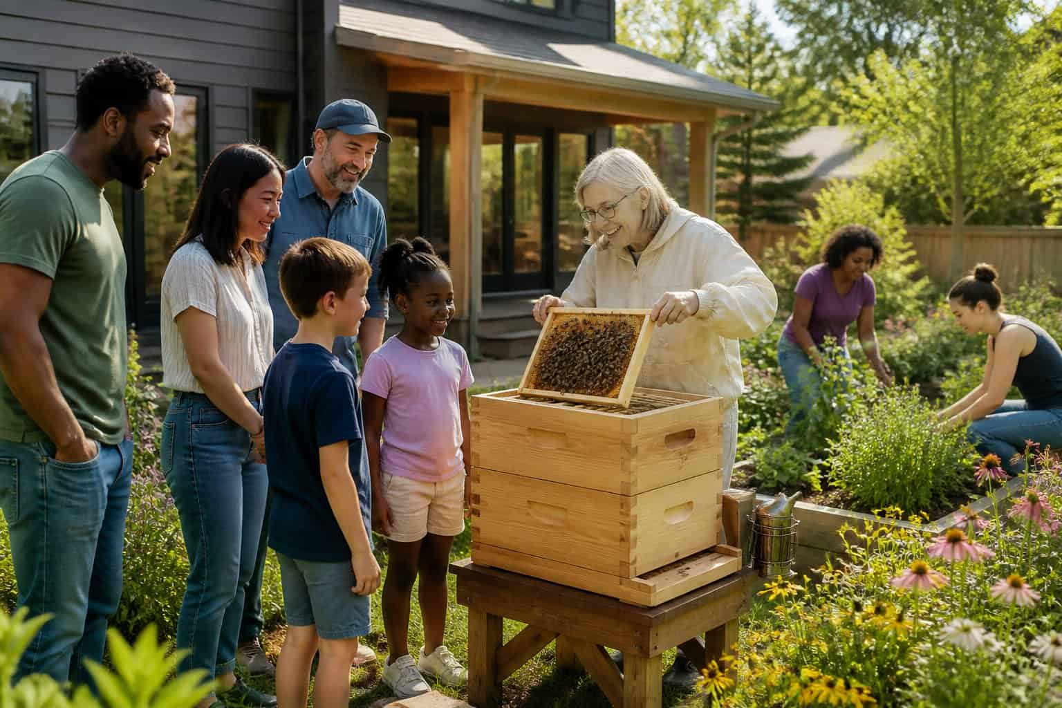 A backyard with a beehive on a wooden stand surrounded by flowers and people observing it near a house.