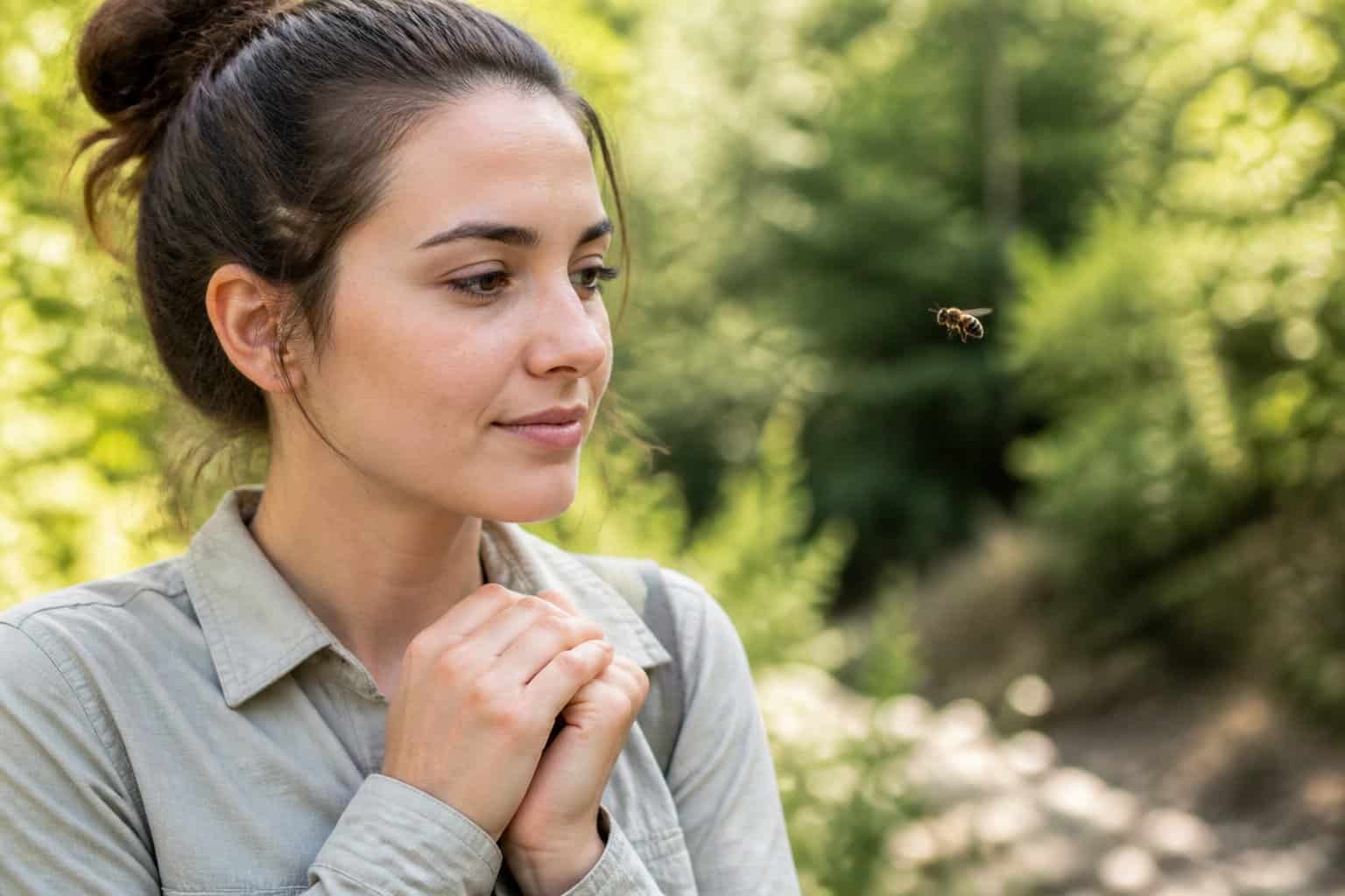 A person outdoors calmly reacting to a bee flying near their face with green foliage in the background.