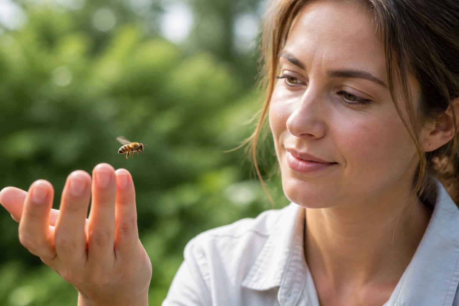A person calmly observing a bee hovering near their hand outdoors in a garden.