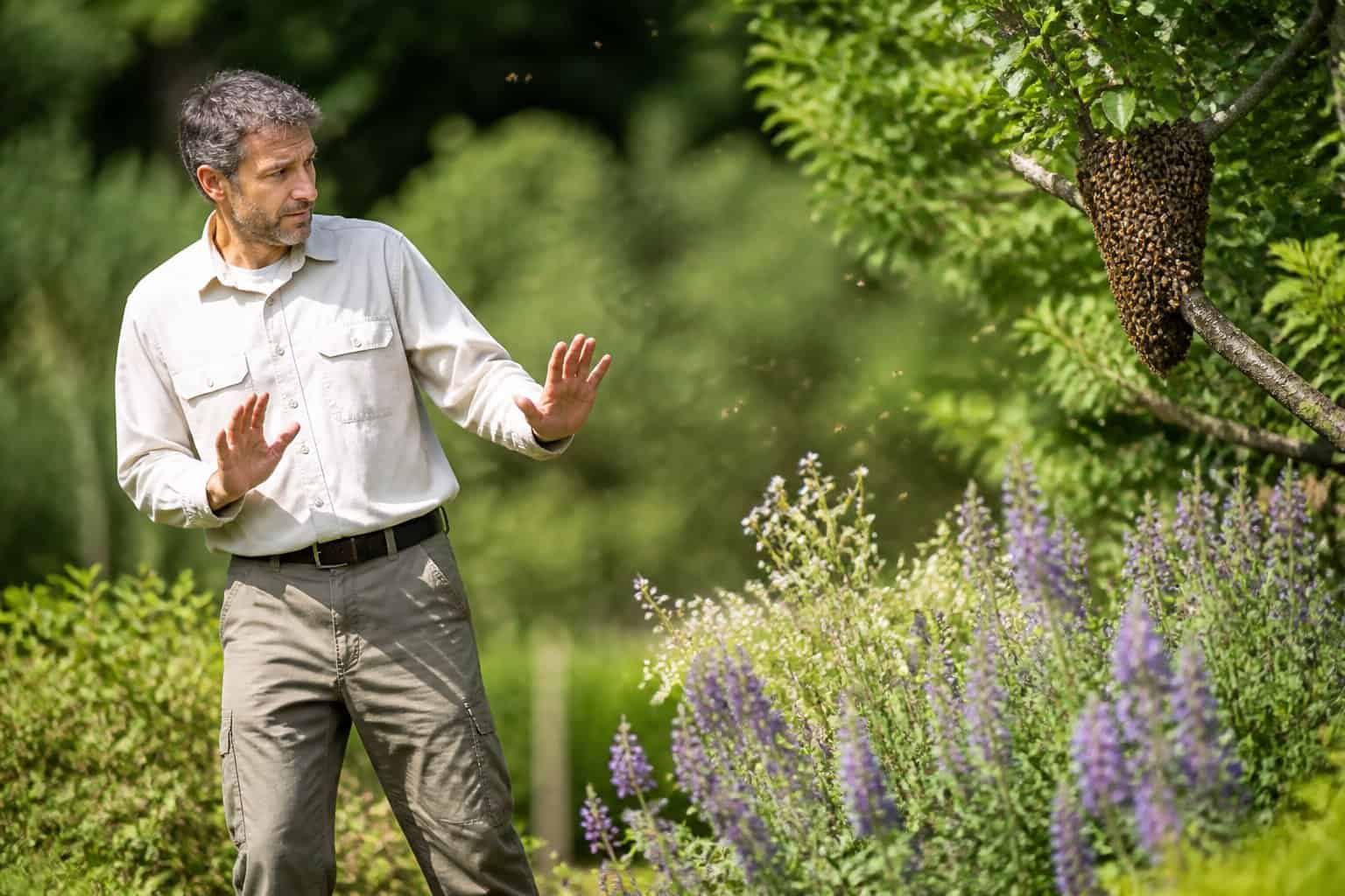 A person calmly moving away from a nearby swarm of bees in a green outdoor garden setting.