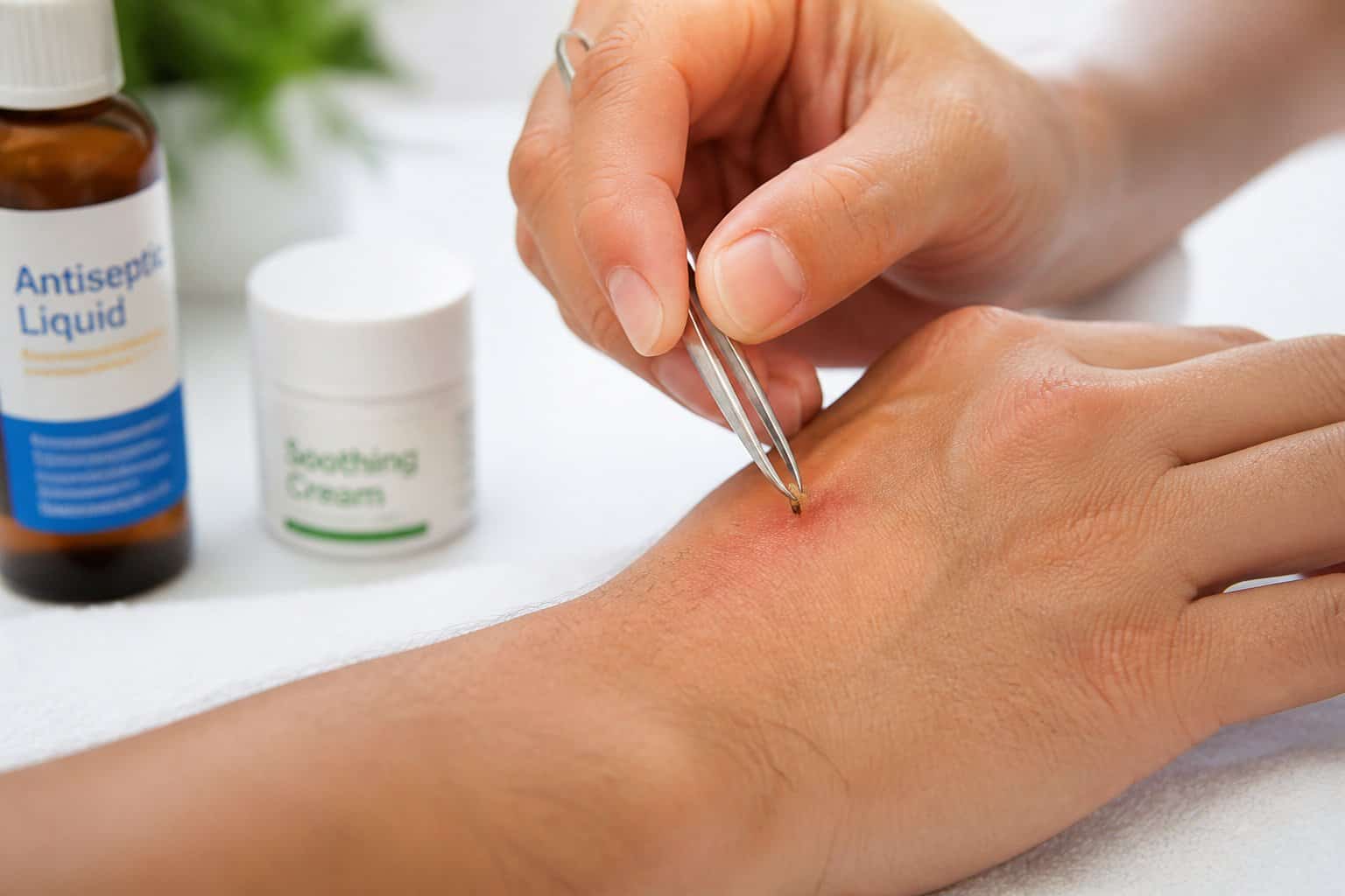 Close-up of hands removing a bee stinger from skin with tweezers, next to antiseptic cream on a white surface.