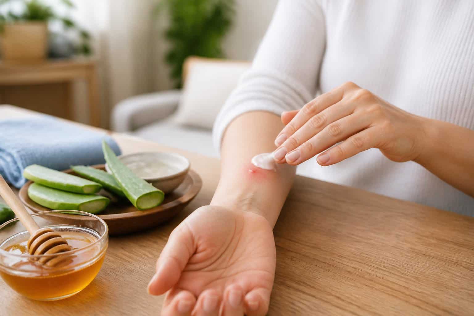 A person applying cream to a bee sting on their forearm with natural remedies on a table nearby in a home setting.