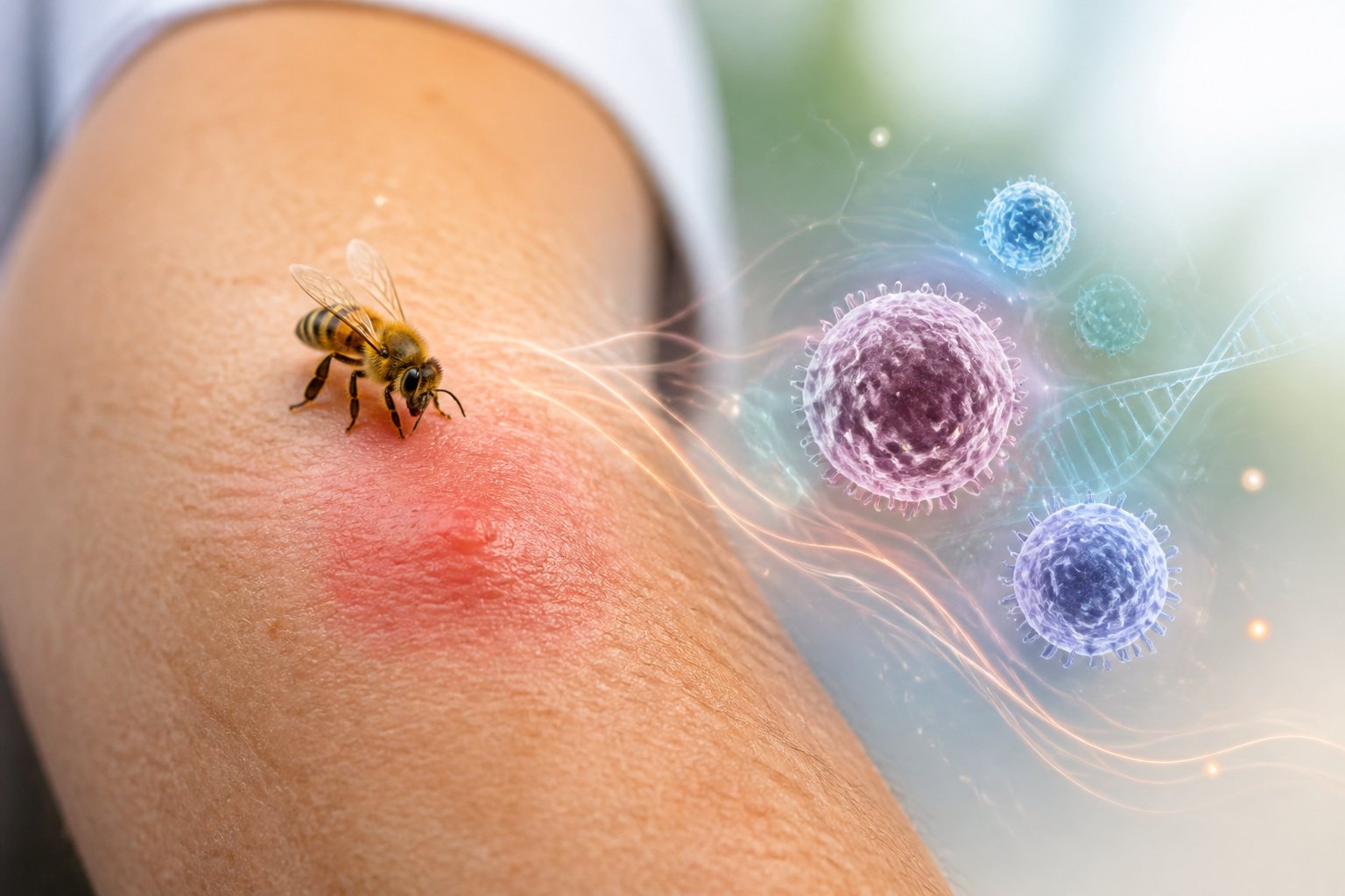 Close-up of a human arm with a bee sting showing redness and swelling, a honeybee resting on the skin, and subtle visual elements representing the body's reaction to the venom.