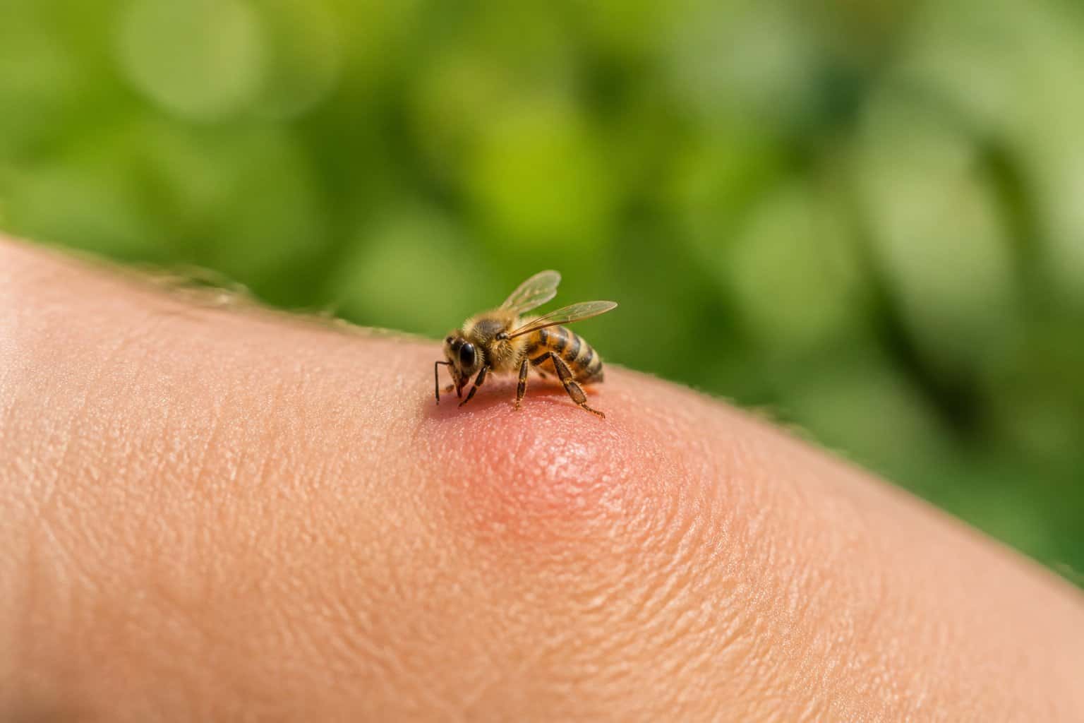 Close-up of a bee landing on human skin with a small red sting area visible, set against a blurred green background.