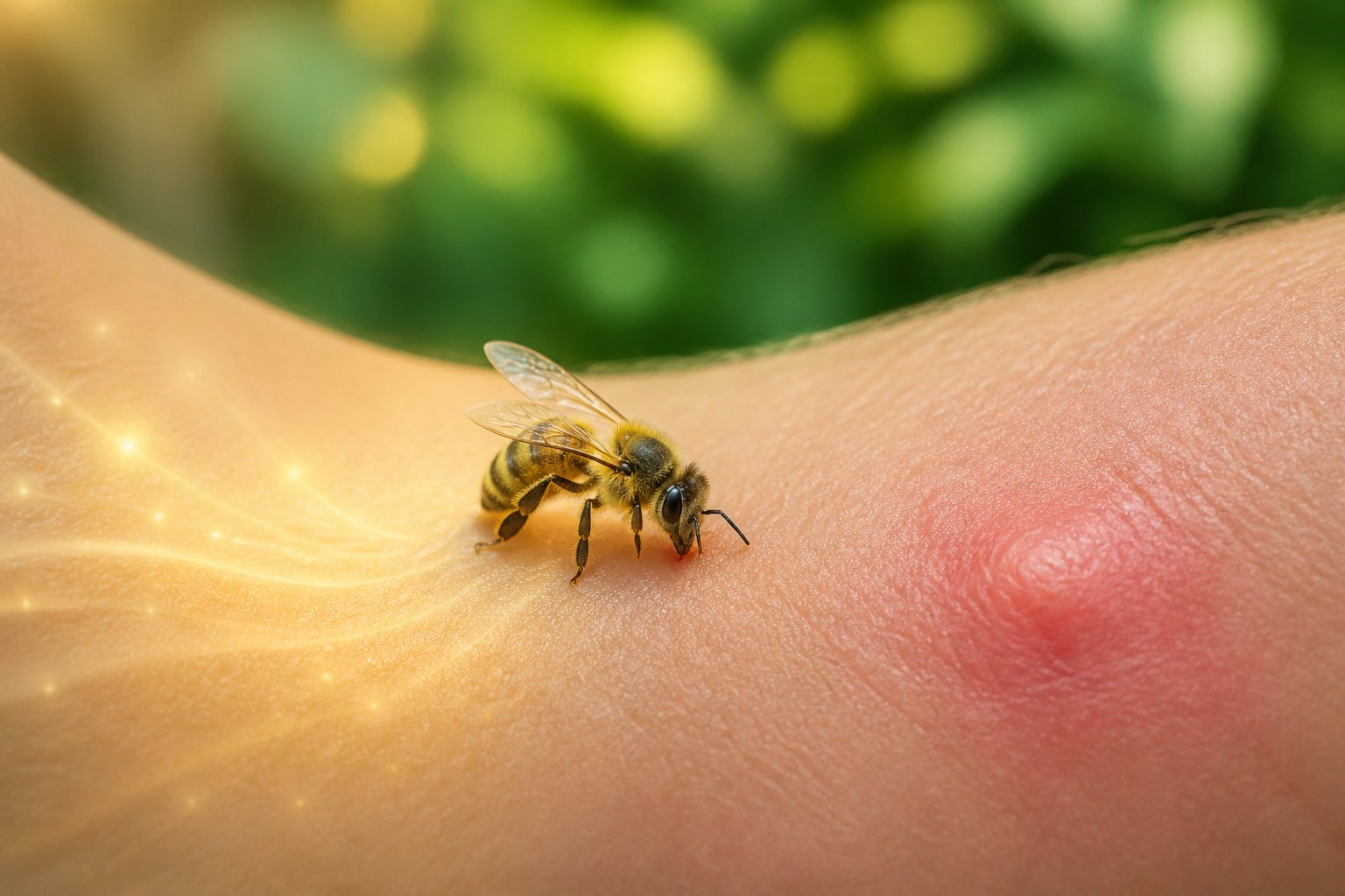 Close-up of a honeybee landing on human skin with subtle signs of redness and swelling nearby.