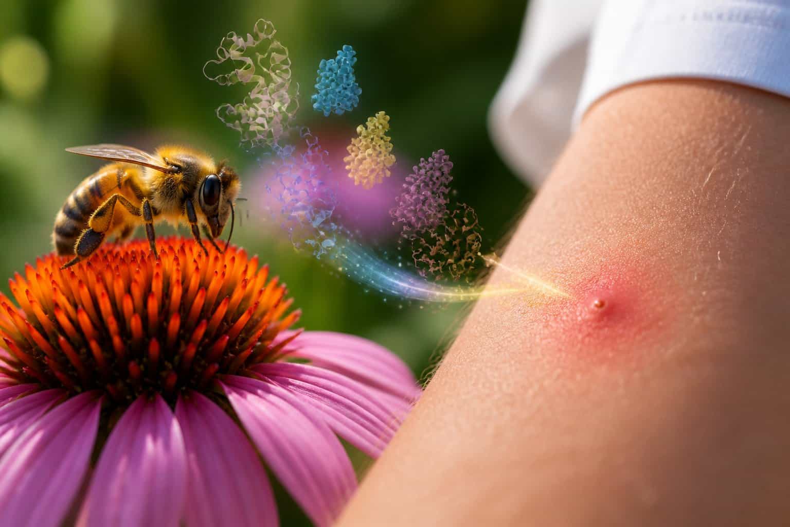 Close-up of a honeybee on a flower with a human arm showing a small sting area, illustrating the effect of bee venom.