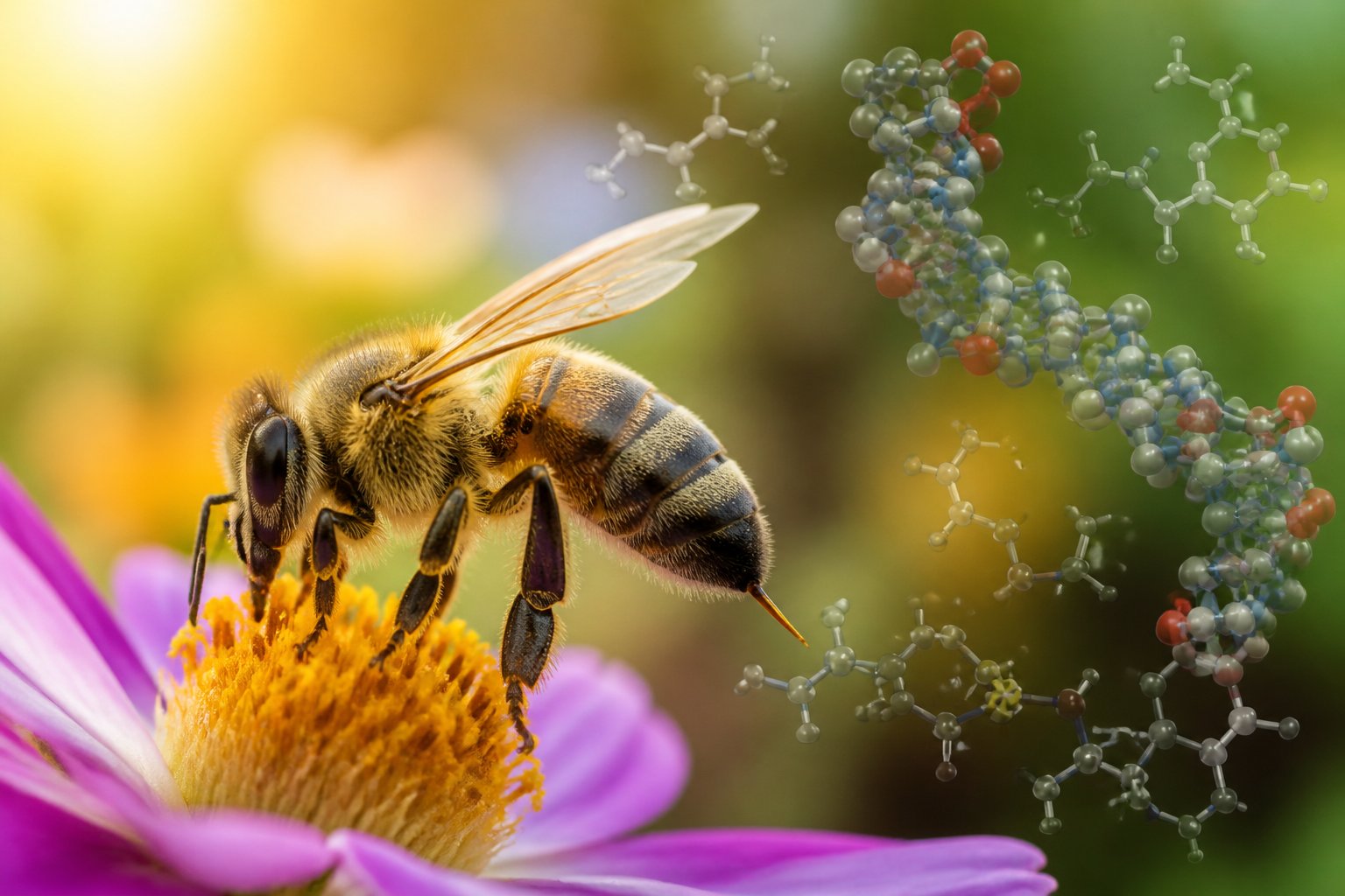 A close-up of a honeybee on a flower with faint molecular structures representing bee venom compounds around it.