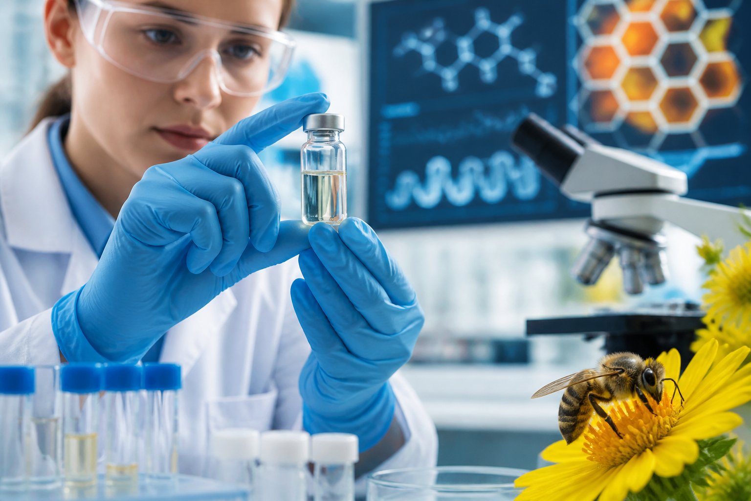 A scientist in a lab coat handling a vial near a honeybee on a yellow flower in a modern laboratory.