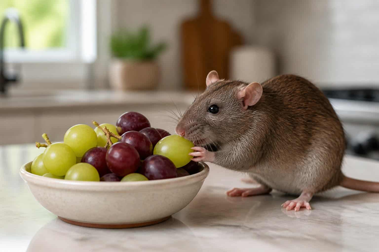 A brown rat sniffing a bowl of green and purple grapes on a kitchen countertop.