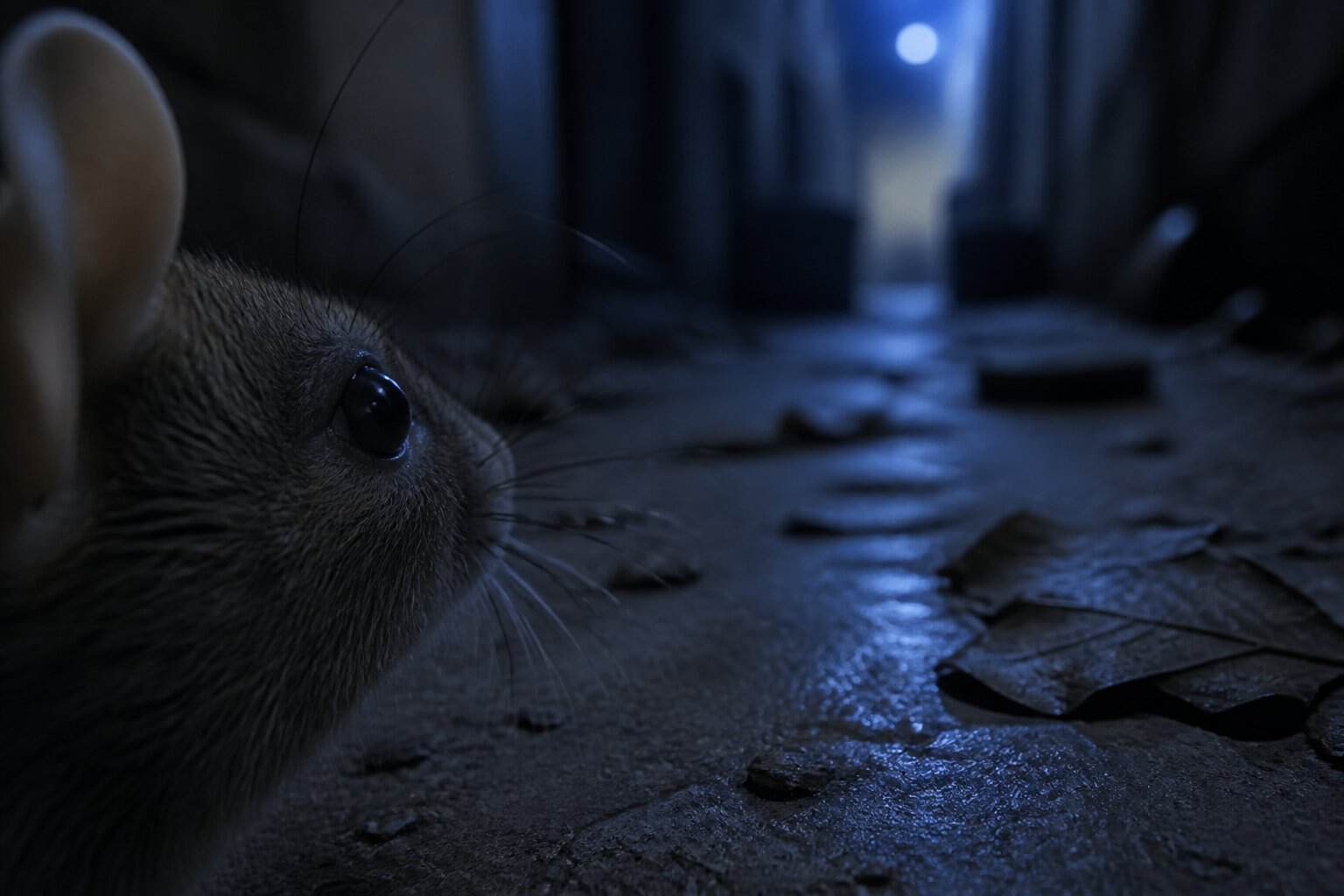 Close-up of a rat in a dim natural environment showing its eye and surroundings with muted colors and low light.